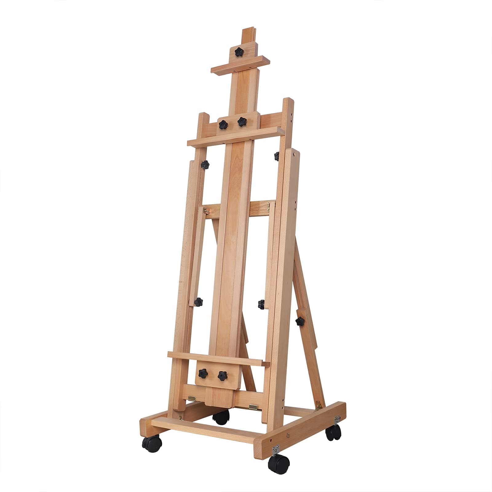 Multi-Function Studio Easel, Professional Large Studio Artist H-Frame Wood Painting Art Easel Standing, Movable Heavy Duty Flooring Adjustable Solid Wooden Beech Easel with 4 Wheels