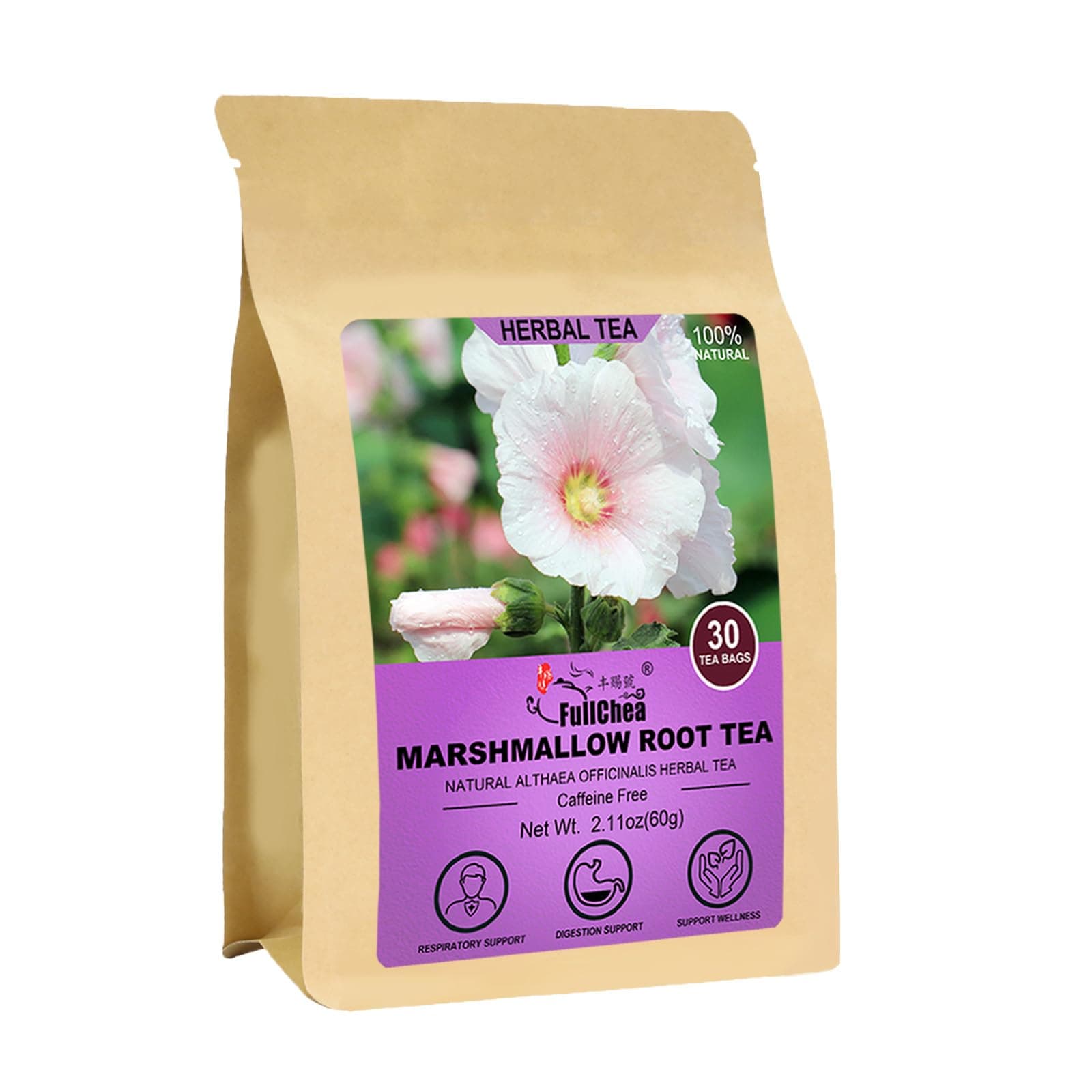 FullChea - Marshmallow Root Tea, 2g X 30 Count - Premium Natural Dried Cut & Sifted Althaea Officinalis - Non-GMO - Caffeine-free - Respiratory Support & Promote Digestion