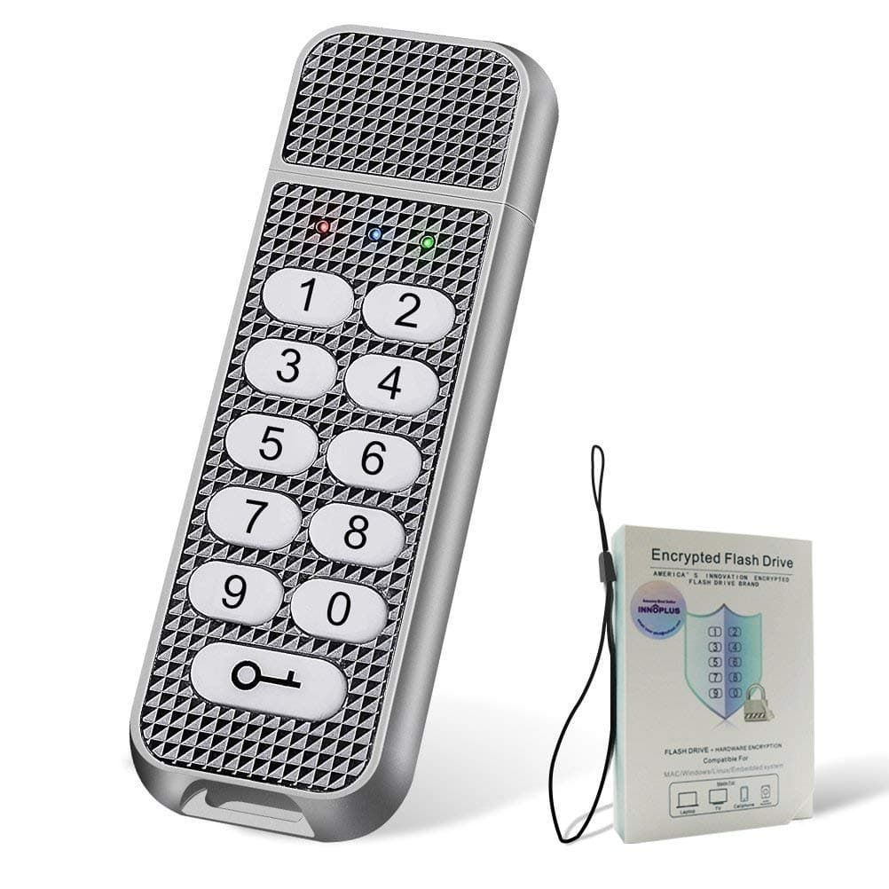 Encrypted USB Drive, INNÔPLUS Secure Flash Drive 256-bit 32 GB, U Disk USB 2.0, Hardware Password Memory Stick for Personal Protection, Aluminum Shell with FIPS Validated, Military Encryption Keypad