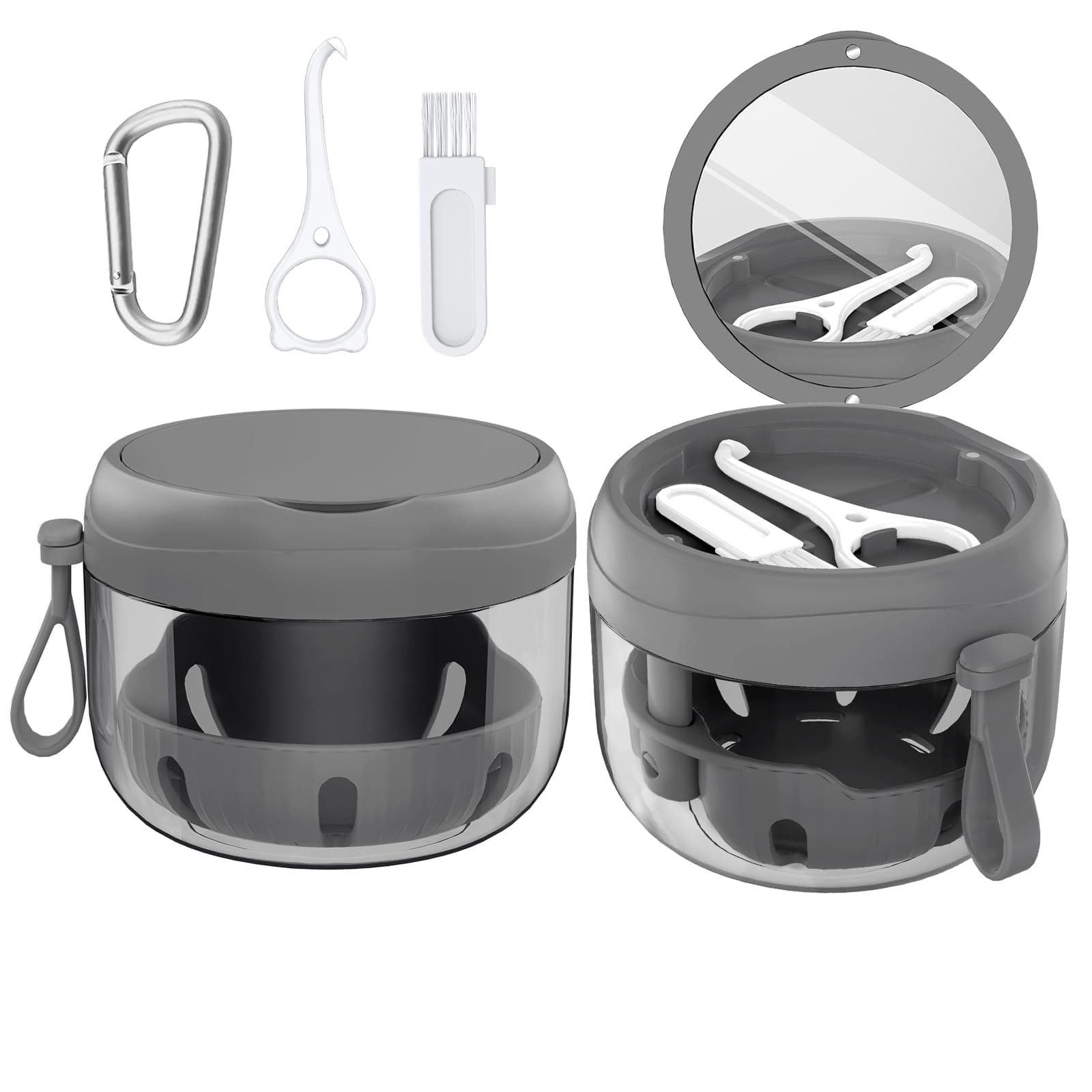 Denture Bath Box Cup, Leak Proof Denture Cup Kit Portable Retainer Case for Travel, Denture Case Cleaning Care for Dentures Aligner Mouth Guard with Denture Brush,Strainer, Removal Tool and Mirror