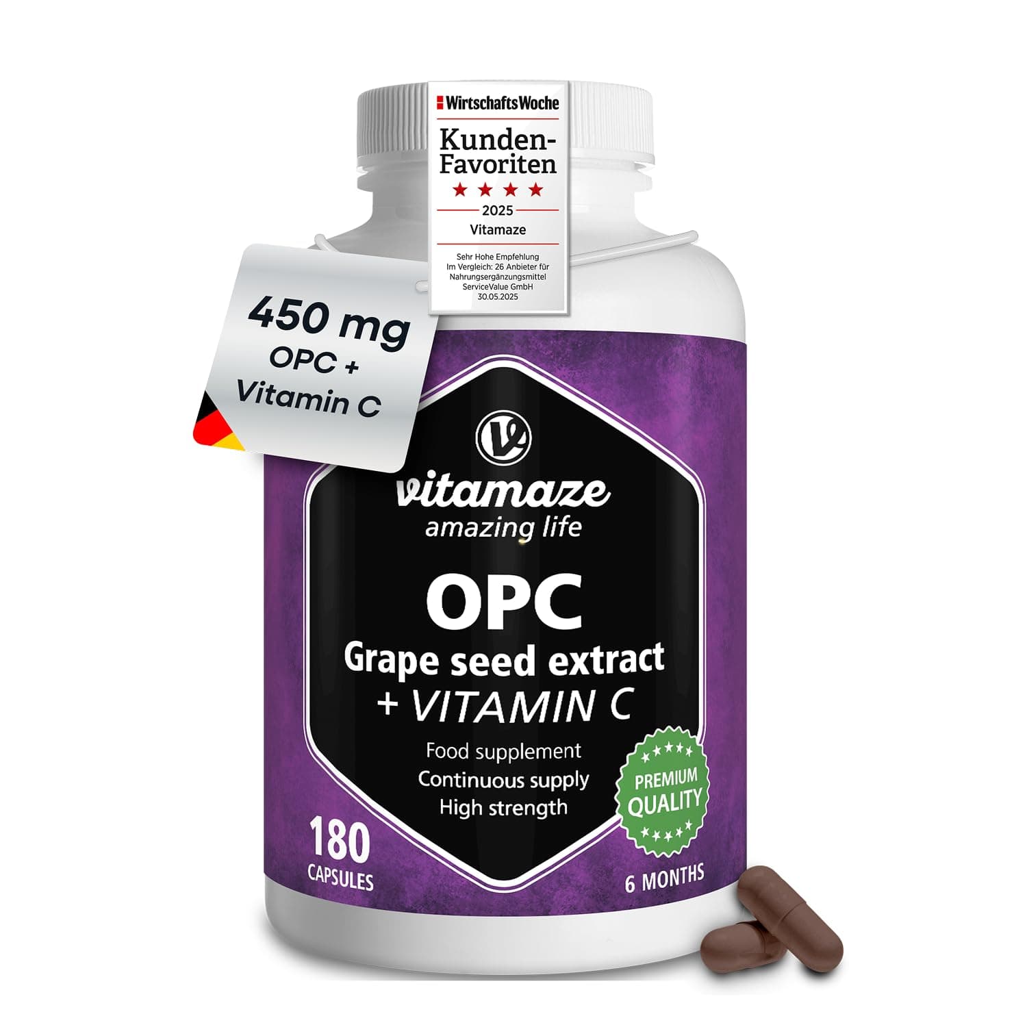 Grape Seed Extract Capsules 450mg Certified OPC +100 mg Vitamin C Antioxidant- 6 Months Supply 180 Capsules - Supplement Without Additives, Made in Germany