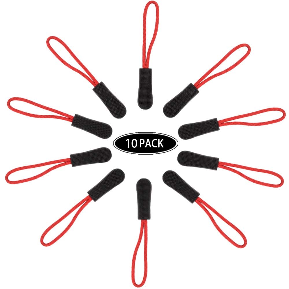 CTZD Durable Cord Zipper Pulls Pull Tab Zipper Replacement for Purses,Backpacks, Luggage, Clothing（Black Red,10 Pack