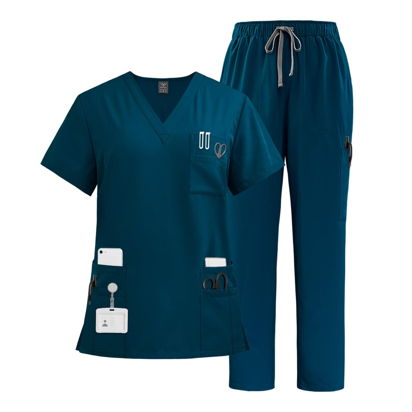 VIAOLI Scrubs Set Multiple pockets V-Neck Top and Drawstring Scrub Pant - Medical Uniform Women Scrub Set Clearance