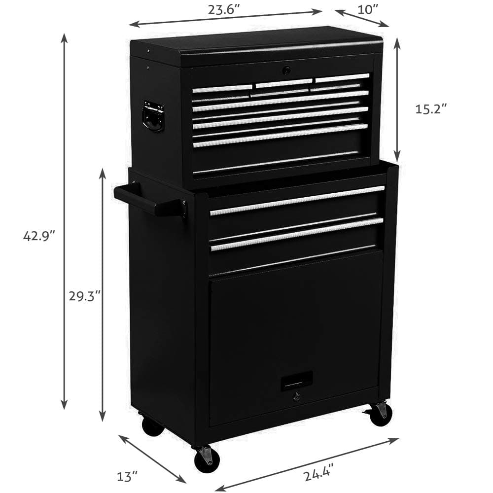 Removable Tool Chest Large Capacity Tool Box 4-Wheel Rolling Tool Cabinet Single Handle Lockable 2 in 1 Detachable Tool Storage Cabinet, Black