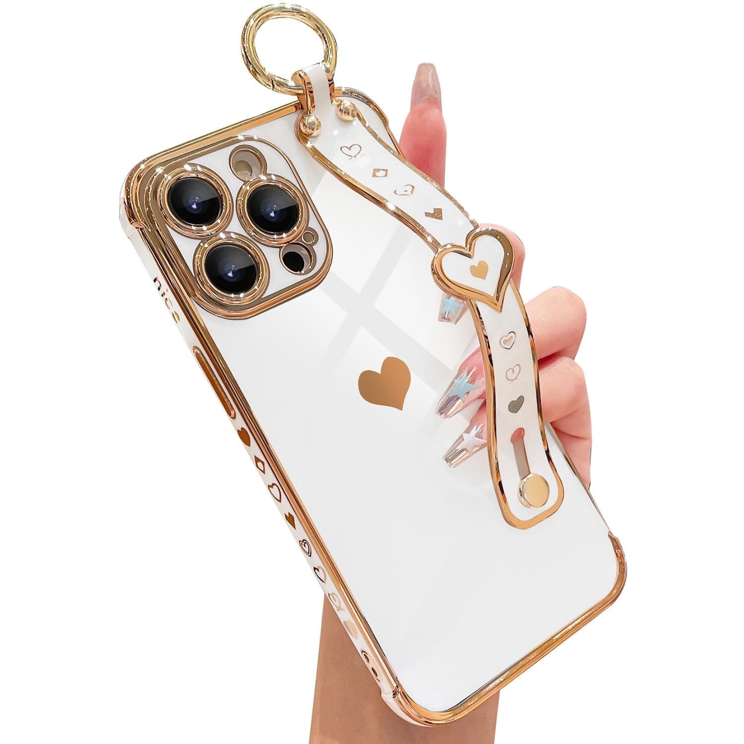 Case for iPhone 15 Pro Max with Hearts Wrist Strap, Stand, Camera Protector, Luxury Glitter Plating Soft Silicone TPU Protective Case, Shockproof Phone Cover for Women Girls Gift (White)