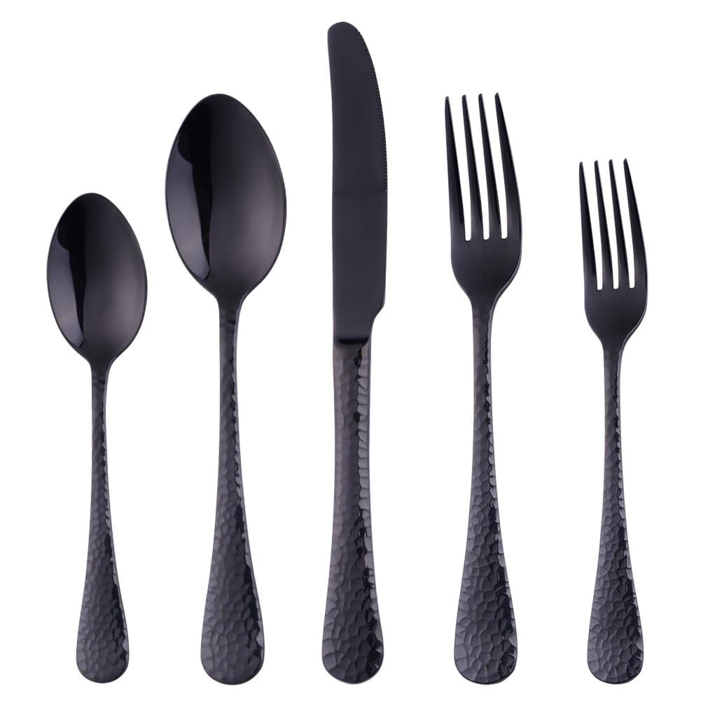 5-Piece Black Silverware Flatware Set Service for 1 Stainless Steel Cutlery Set Include Dinner Knife Table Fork Table Spoon Salad Fork Tea Spoon for Wedding, Dishwasher Safe
