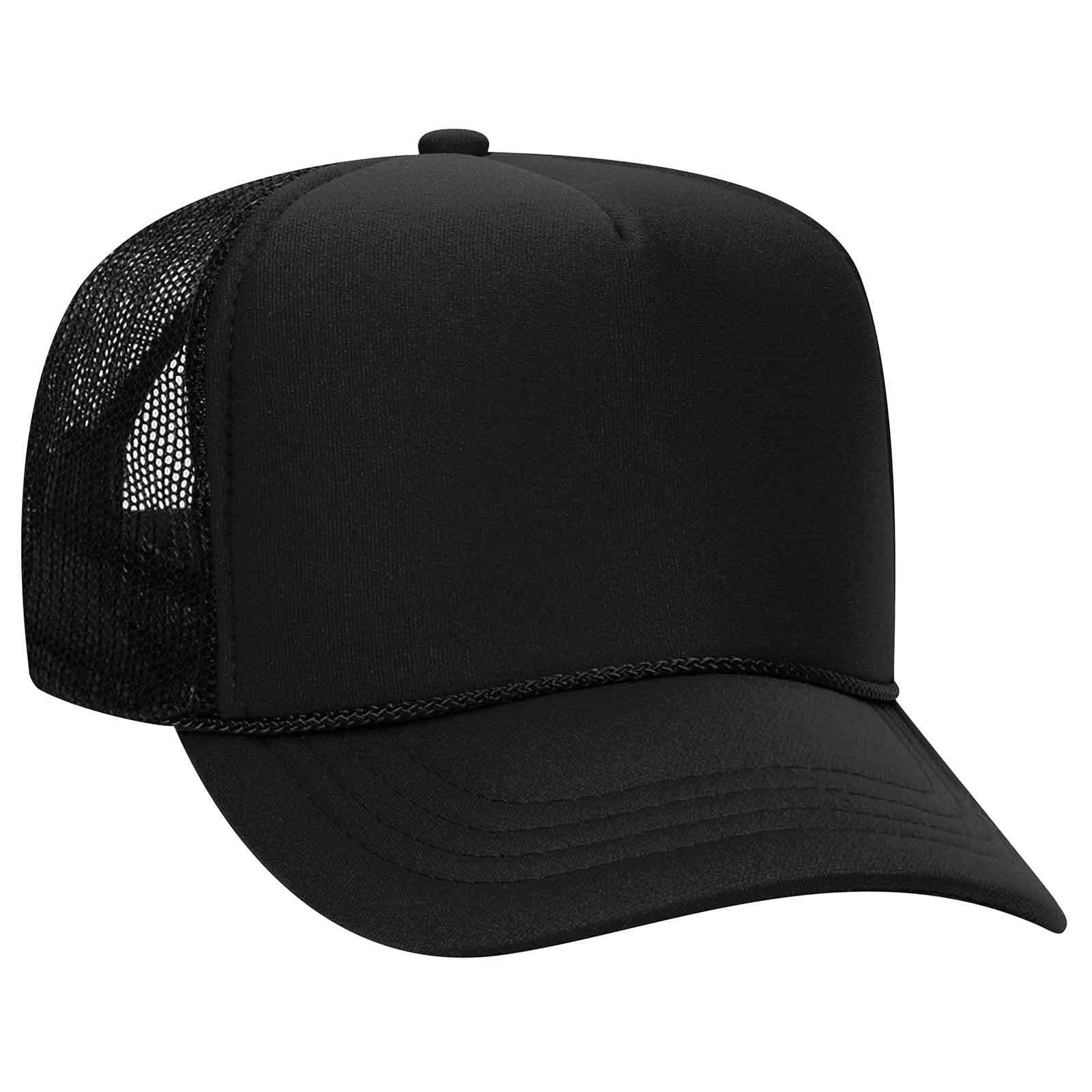 Cap Youth 5 Panel High Crown Mesh Back Trucker Hat Polyester Foam Front Black