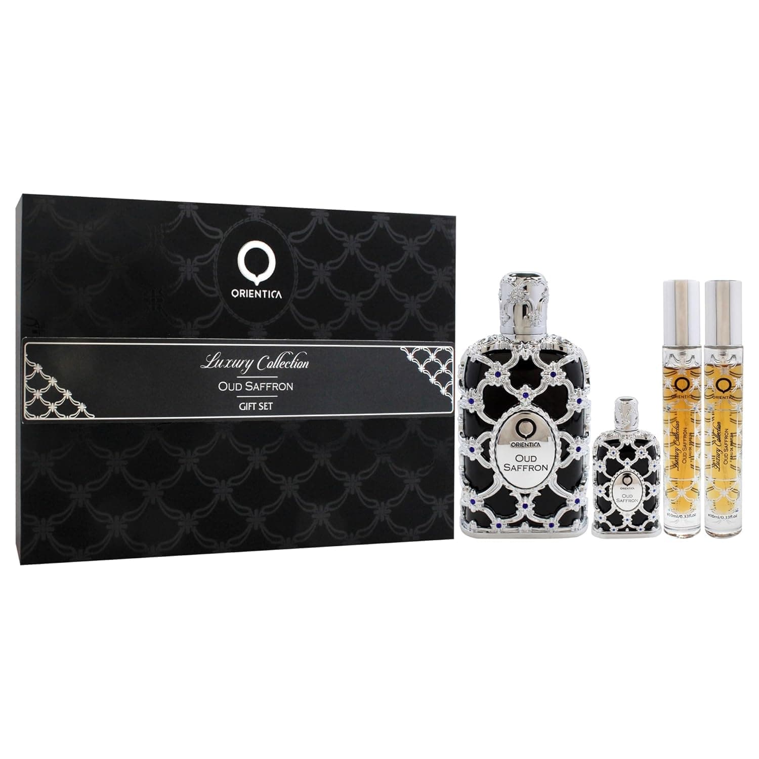 Oud Saffron 4 Pc Gift Set Eau De Parfum - Oriental, Vanilla, Saffron, Woody, Patchouli, Musk, Agar Wood - Perfume for Men & Women - (2.7oz, 2x10ml spray & 7.5ml splash)