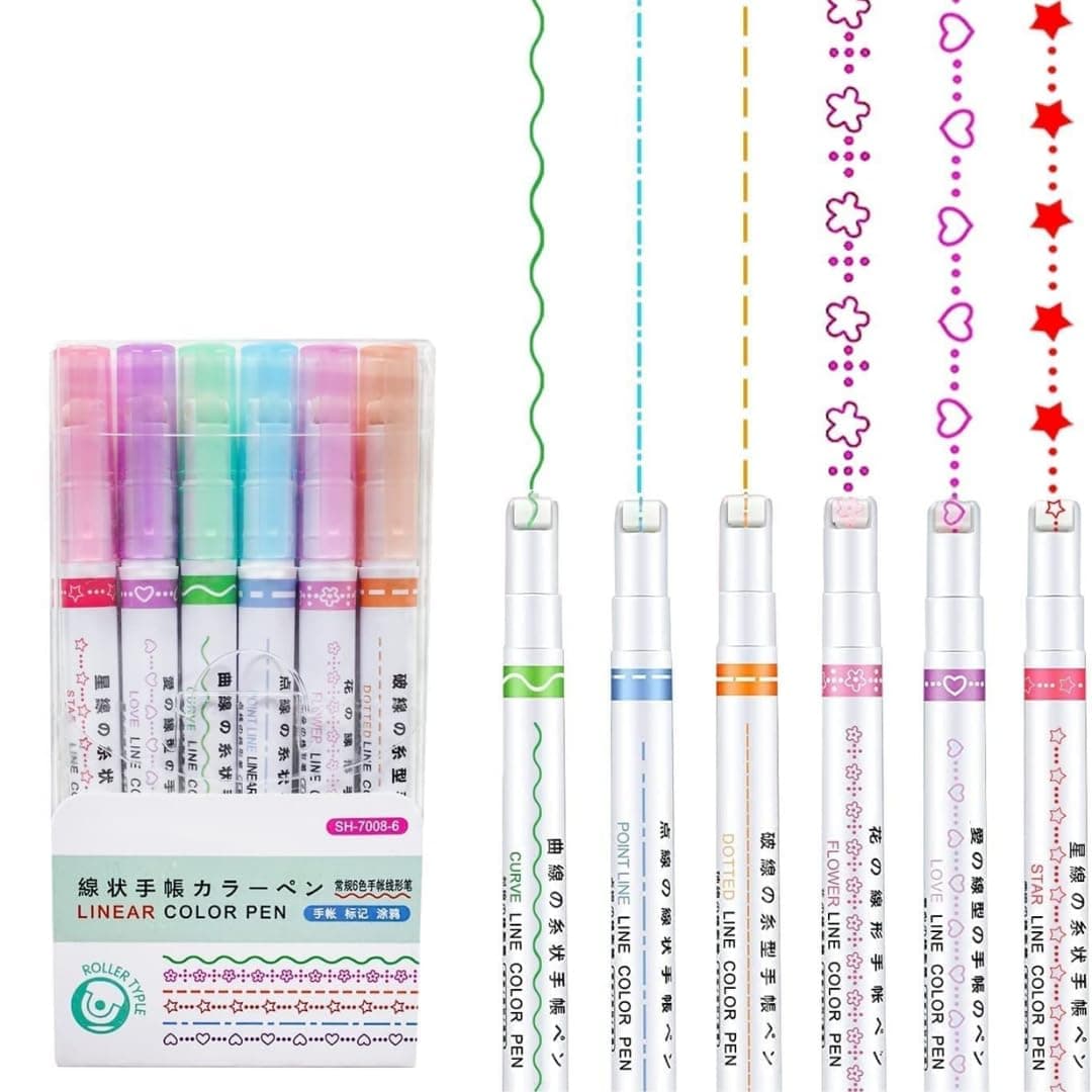 R H LIFESTYLE Roller Liner Pen Set | 6-Piece Patterned Border Markers| Aesthetic Curve Highlighter Set for Planner Scrapbook Bullet Journaling & School Supplies. Pack of 6(DOT LINEAR HIGHLIGHTER)
