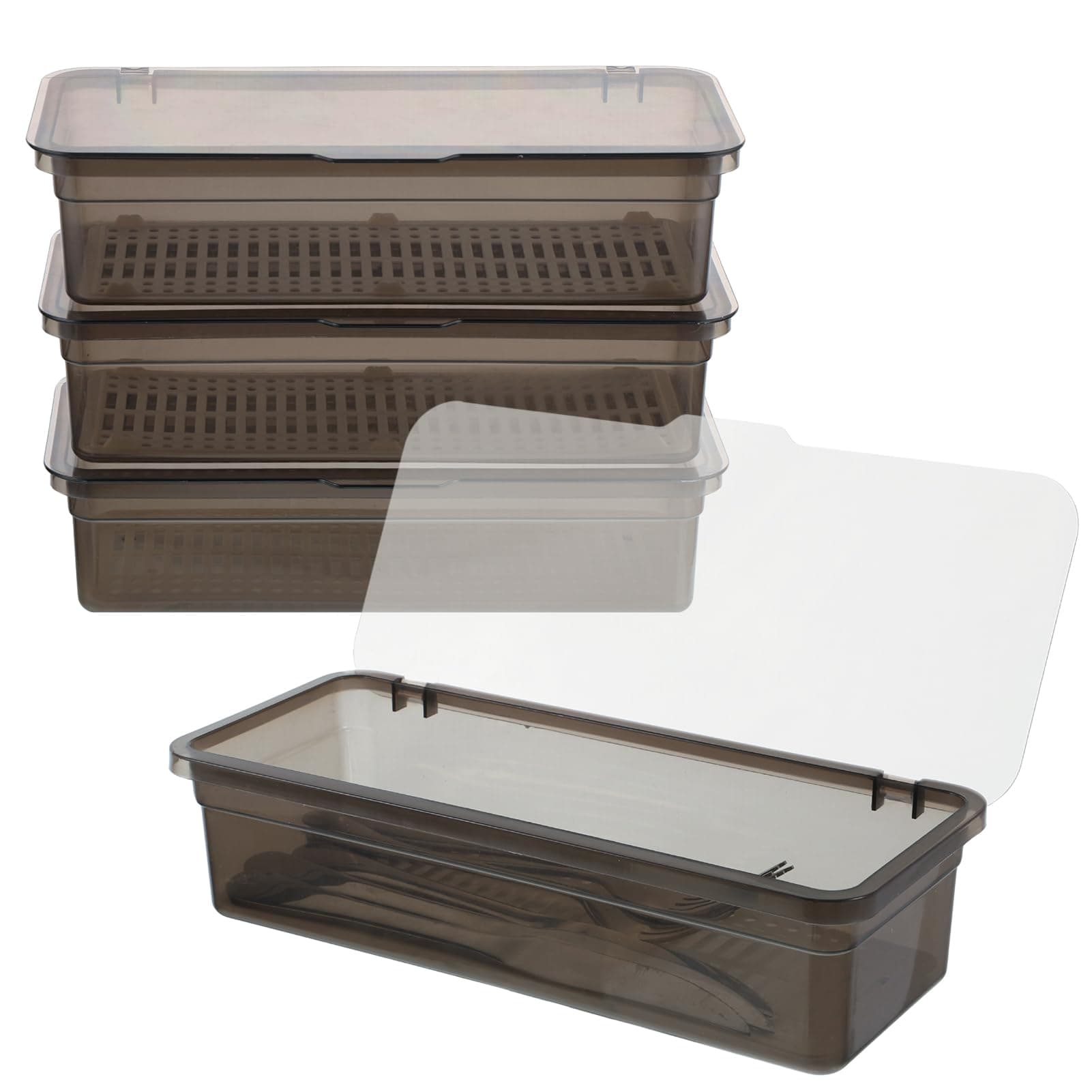Rainmae 3Pcs Flatware Tray with Lid and Drainer, Large Plastic Silverware Utensil Kitchen Drawer Organizer Clear Cutlery Storage Container with Cover Dinnerware Holder Box for Home and Travel