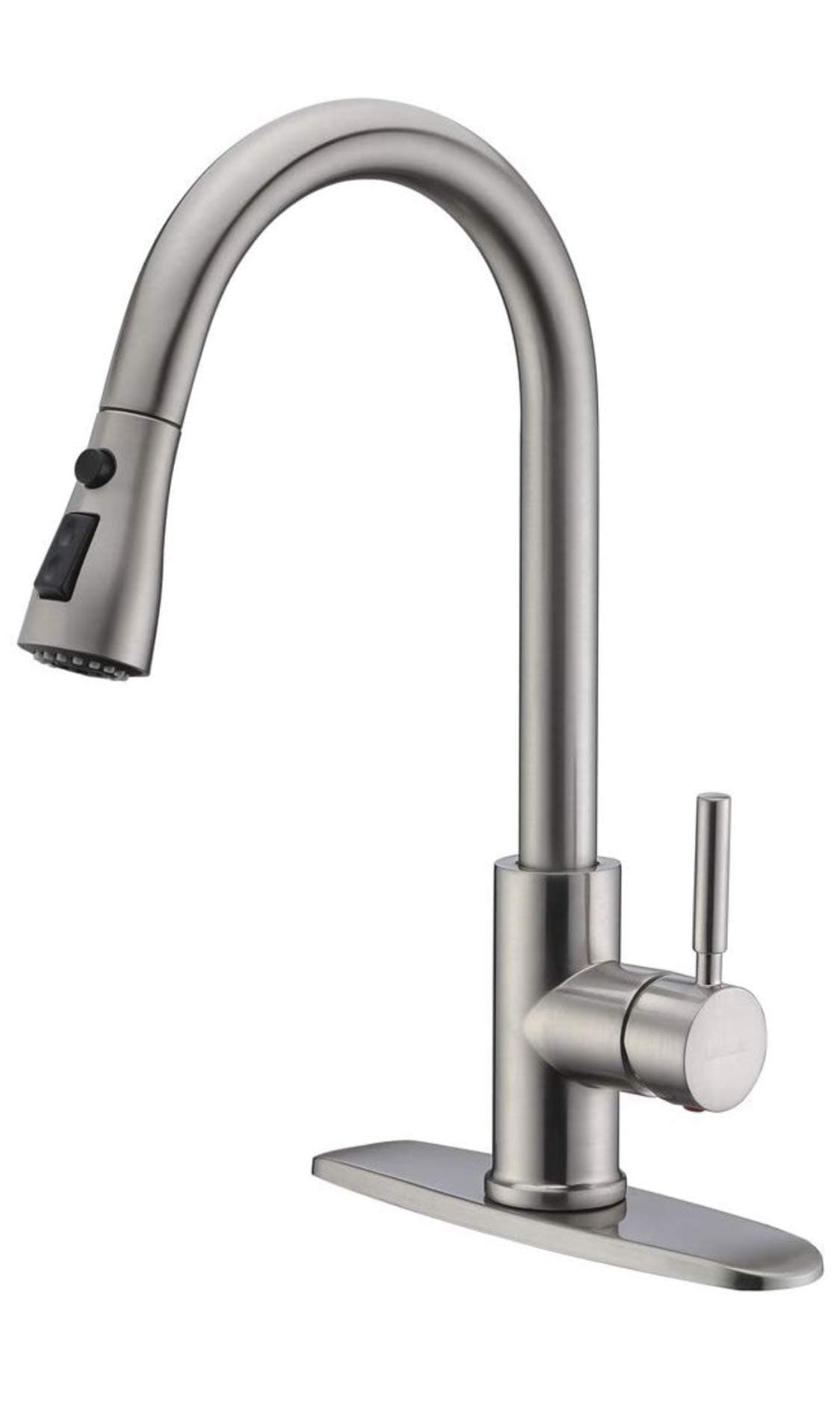 WEWE Single Handle High Arc Brushed Nickel Pull Out Kitchen Faucet,Single Level Stainless Steel Kitchen Sink Faucets with Pull Down Sprayer,Suitable for Laundry Rv Bar