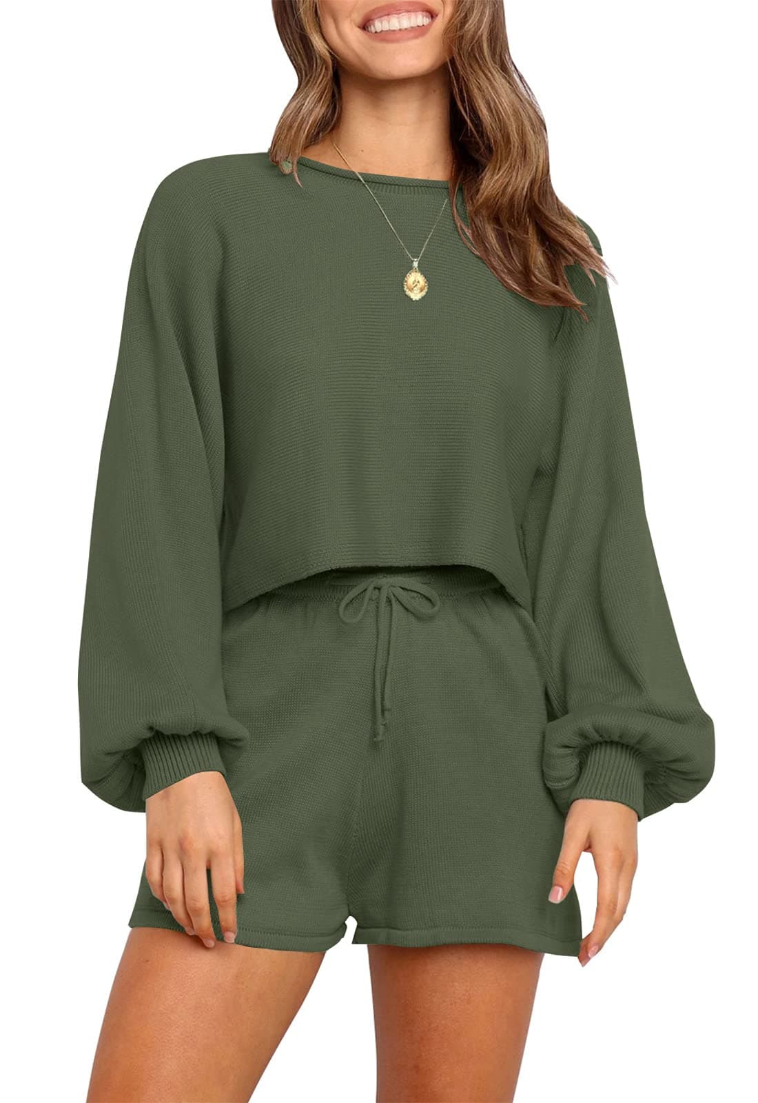 Women's Casual Long Sleeve Solid Color Knit Pullover Sweatsuit 2 Piece Short Sweater Outfits Sets