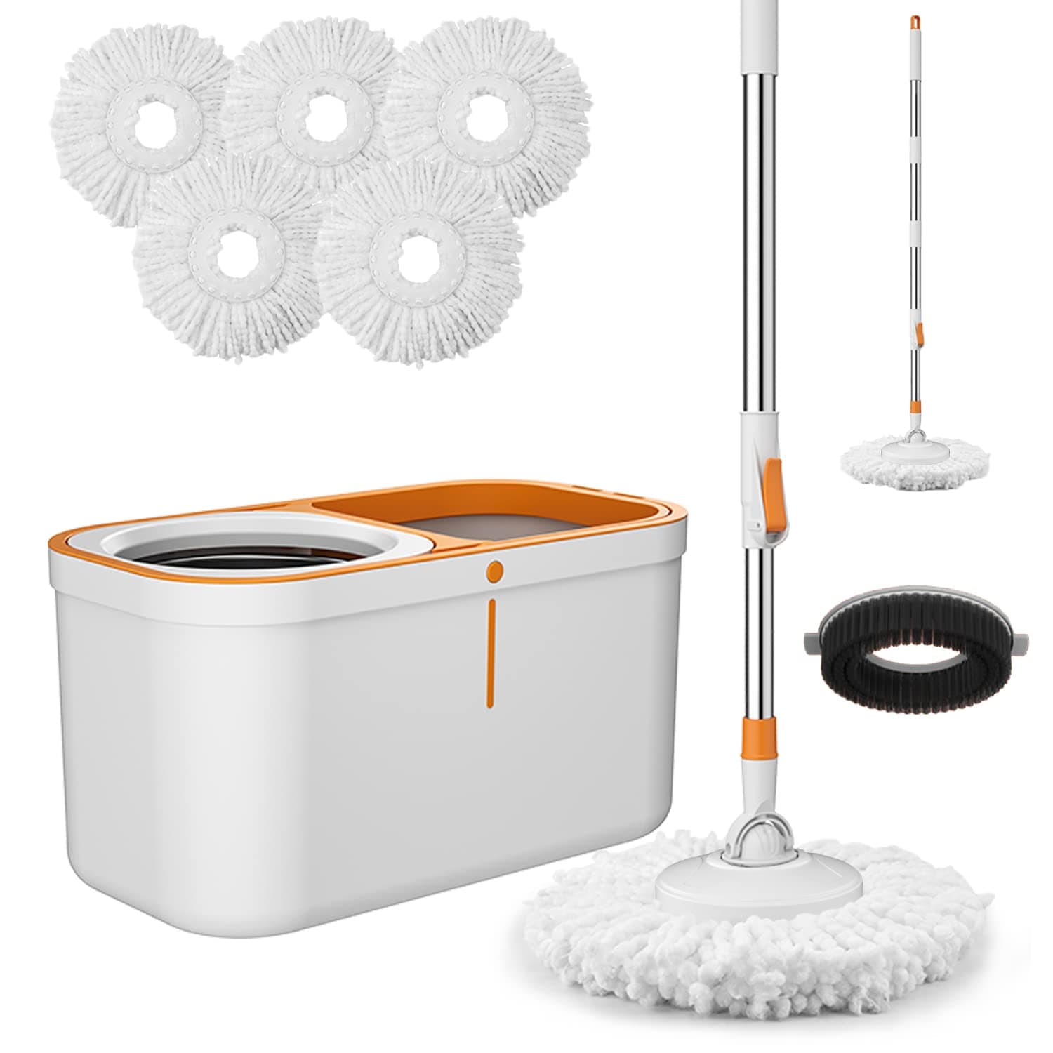 Spin Mop Bucket with Wringer System Extended Mop Handle 61＂Mop and Bucket for Floors Cleaning with 5 Replacement Head Refill 1 Cleaning Brush Head