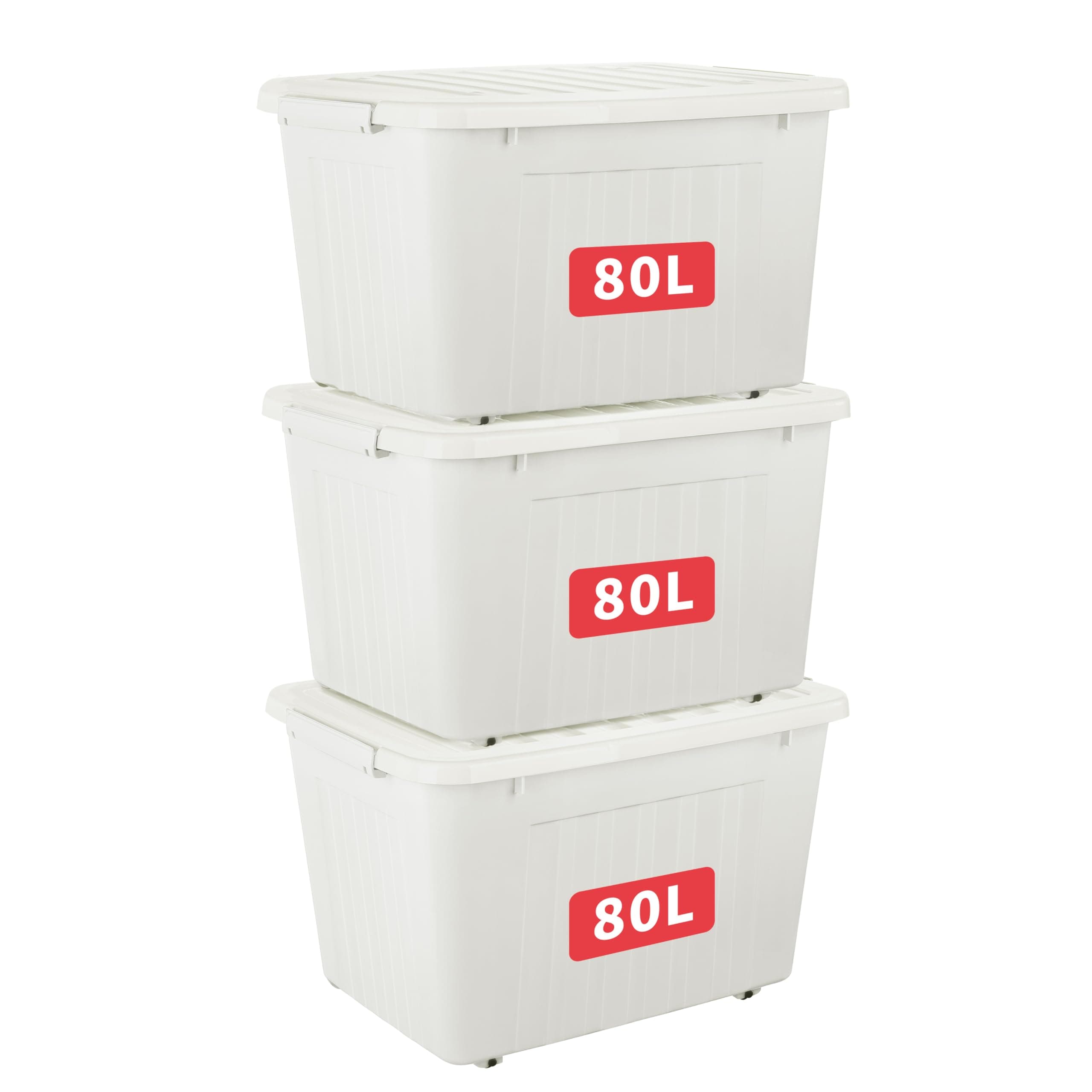 Cetomo 80L*3 Storage Boxes with Lids, Plastic Storage Box with Wheels and Secure Side Latches, Stackable & Nestable Organizer for Home, Office, Moving, PP, White, 80L-3 Pack