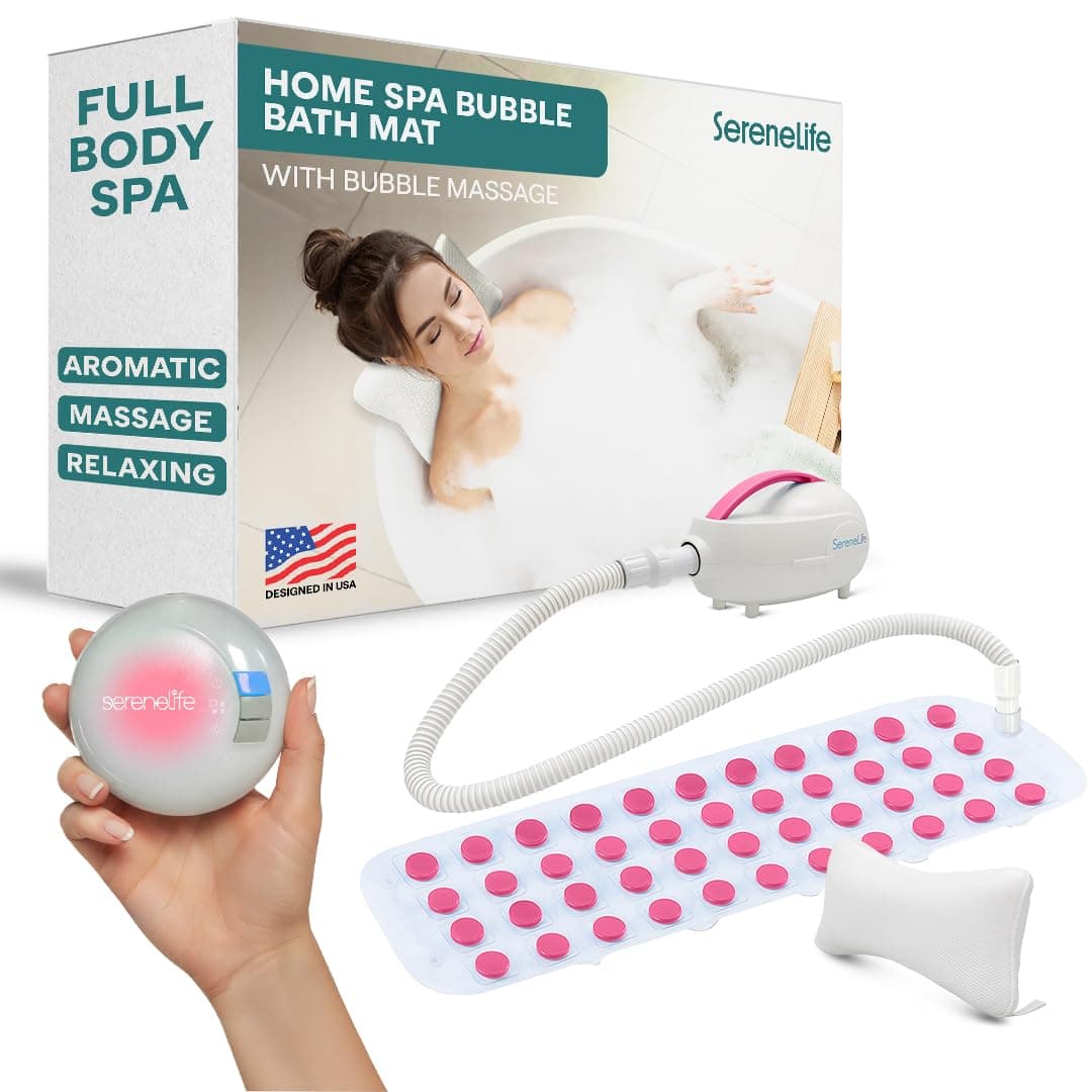 SereneLife Bubble Bath Mat - Portable Spa Bubble Bath Massager with Waterproof Bath Light & Pillow, Adjustable Bubble Intensity, Easy Button Control, Remote Control (Pink)
