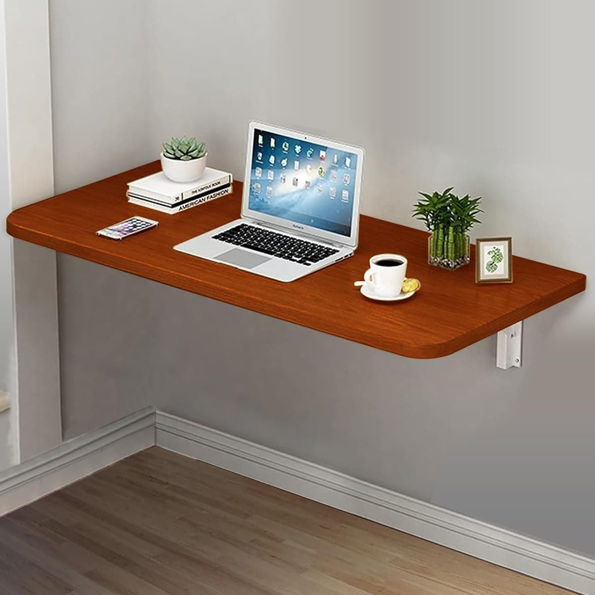 VITION Computer Wall Mount Stand Folding Wall-Mounted Drop-Leaf Table,Metal Folding Shelf Bench Table Bracket (Walnut, 40 X 100 cm)