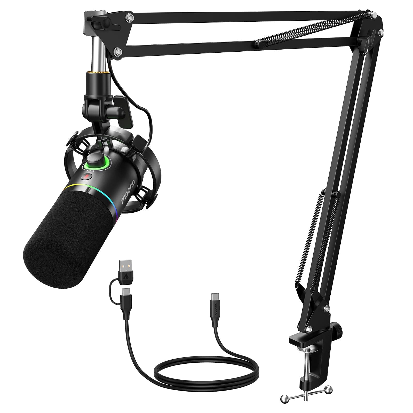 XLR/USB Dynamic Microphone for Gaming PC, RGB Podcast Mic for YouTube with Software, Mute, Gain Knob, Volume Control, Boom Arm for YouTube Gaming, Singing, Recording, Streaming, PD200XS Black