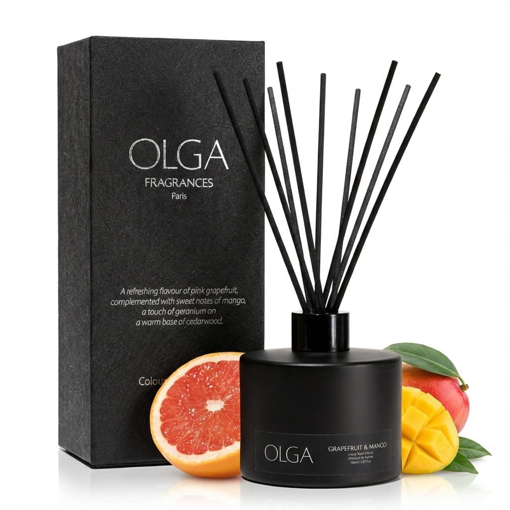 OLGA Reed Diffuser - 180ml Grapefruit Mango - Black Glass - Up to 12 Weeks - No Light Source