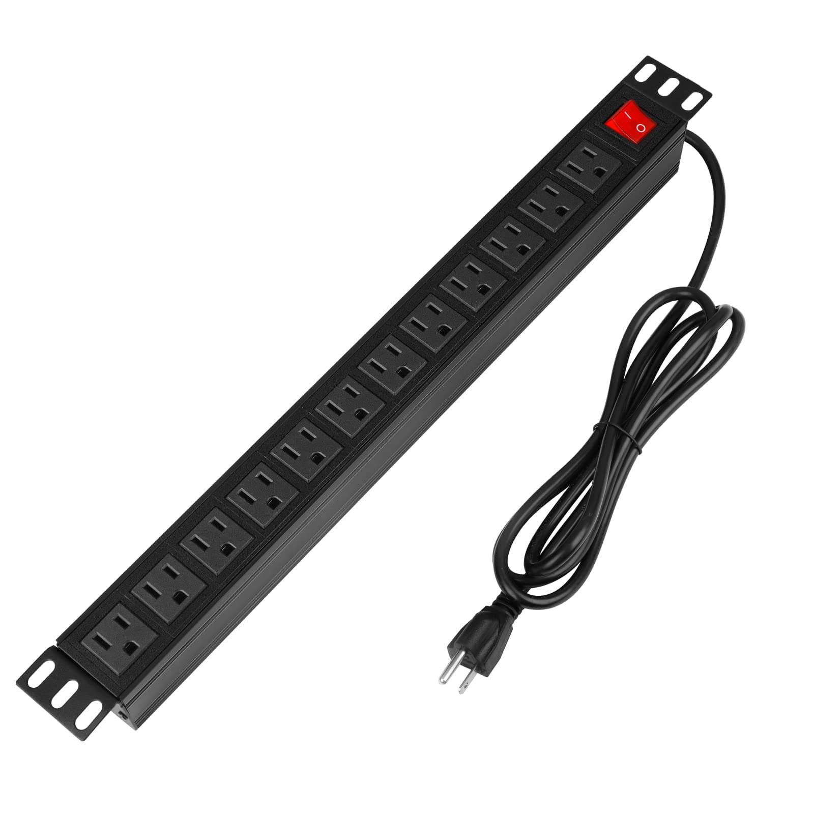 Power Strip Surge Protector Rack-Mount PDU, 12-Outlet Power Strip with Switch, Metal Mountable Heavy Duty for Server Racks, Garage, Shop Workbench, Industrial Commercial Use (Black 6FT)