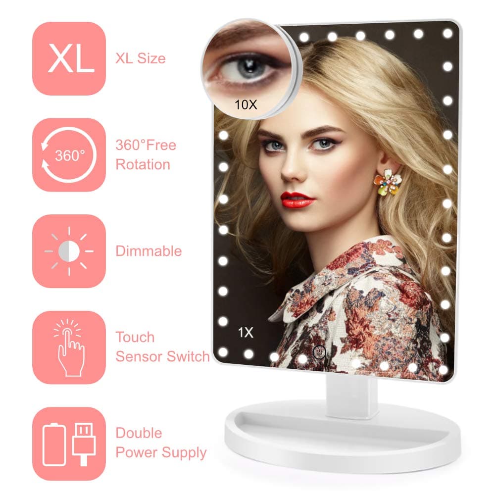 Large Lighted Makeup Mirror (X-Large), Makeup Vanity Mirror with 35 LED Lights and 10X Magnification, Touch Sensor Dimming, Dual Power Supply, 360° Rotation Tabletop Personal Beauty Light Up Mirror