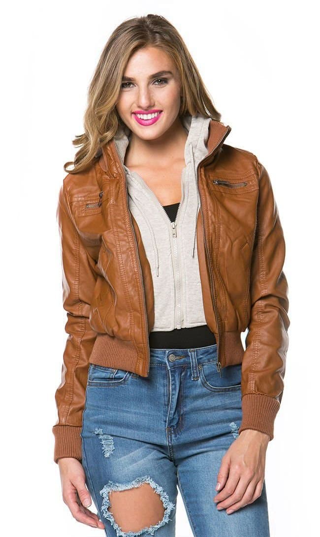 Sweater Insert Leather Bomber Jacket in Tan (Plus