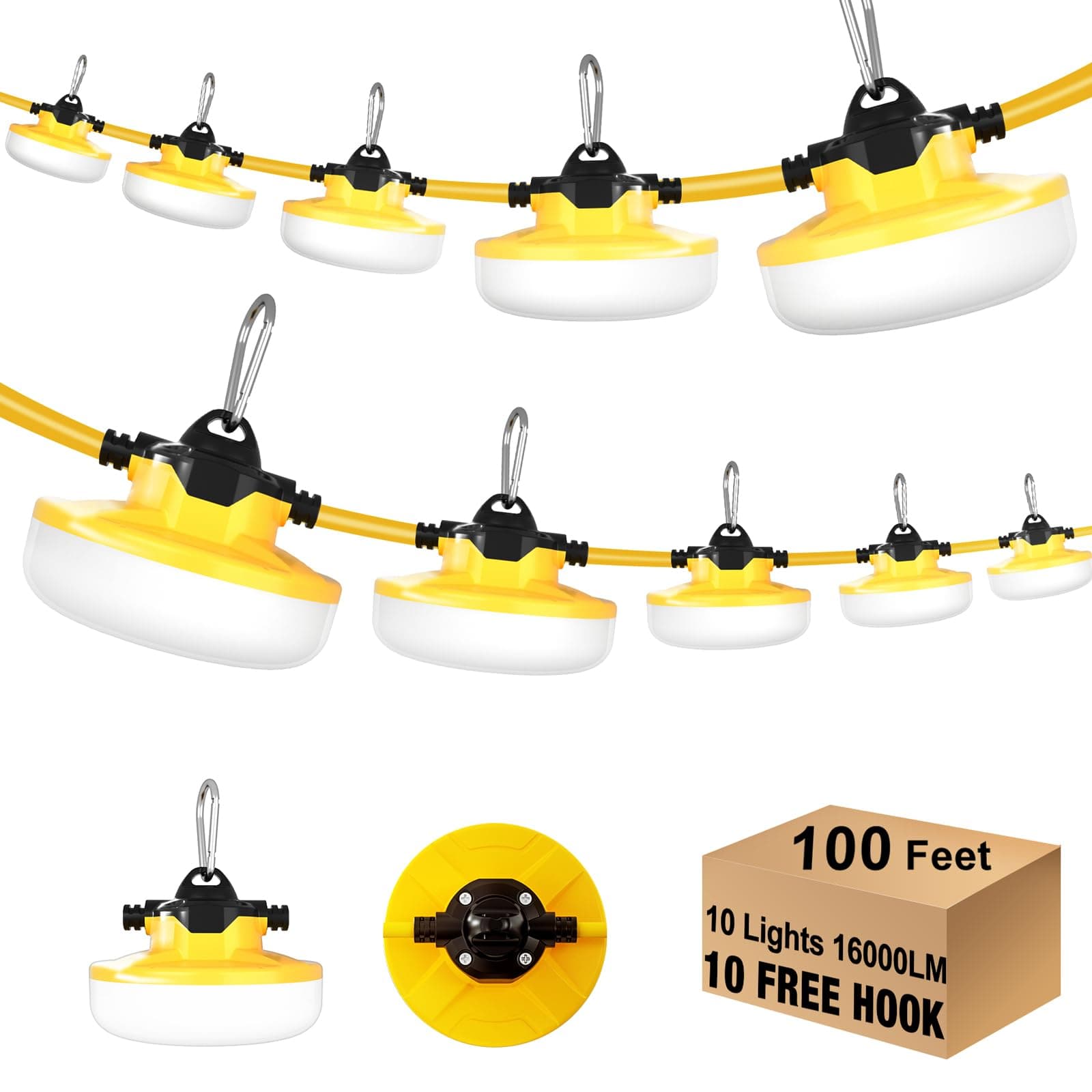 LED Construction String Light 100FT, 130W 16000Lm Industrial LED String Work Lights with 10 Bulbs, Linkable 5000K Super Bright Temporary Lighting for Construction Site, Job Site, Work Site