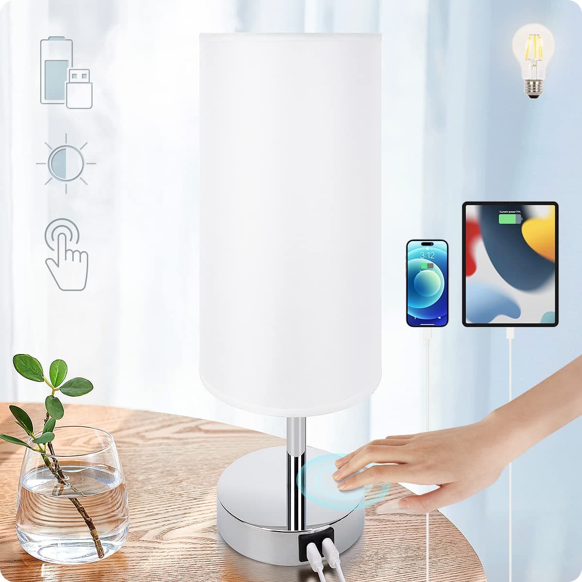 Bedside Lamp with USB Port - Touch Control Table Lamp for Bedroom 3 Way Dimmable Nightstand Lamp with Round White Fabric Shade for Living Room, Dorm, Home Office (LED Bulb Included)