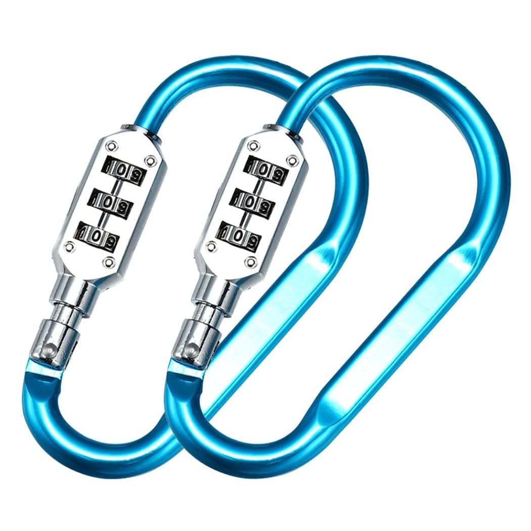Hometu Combination Locking Carabiner Keybuckle Clip - 3-Digit Code Resettable Luggage Lock Keychain for Backpack Travel Outdoor Blue(Large) 2Pcs/Set