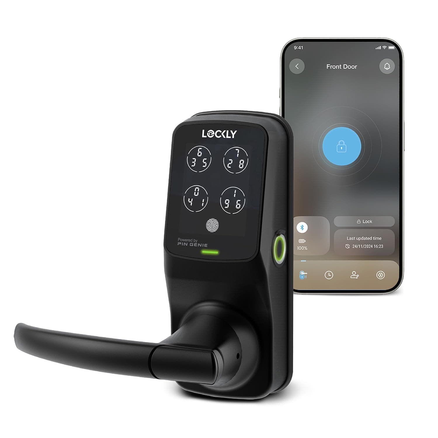 Secure Plus Bluetooth Smart Door Lock, Keyless Entry with PIN Genie® Digital Keypad, 3D Biometric Fingerprint Sensor Front Door Lock with Handle, Voice Control & Auto Lock - Latch Edition