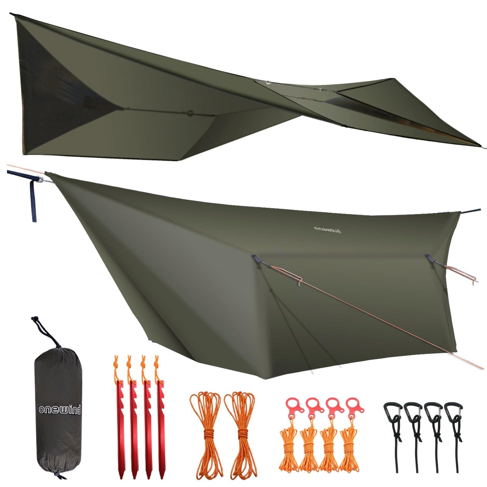onewind 12×10 ft Hammock Tarp, Ultralight Tarp Silnylon Hammock Rain Fly Lightweight Waterproof Camping Tent Tarp with Doors, Easy to Setup with Stuff Sack, Tent Stakes, OD Green