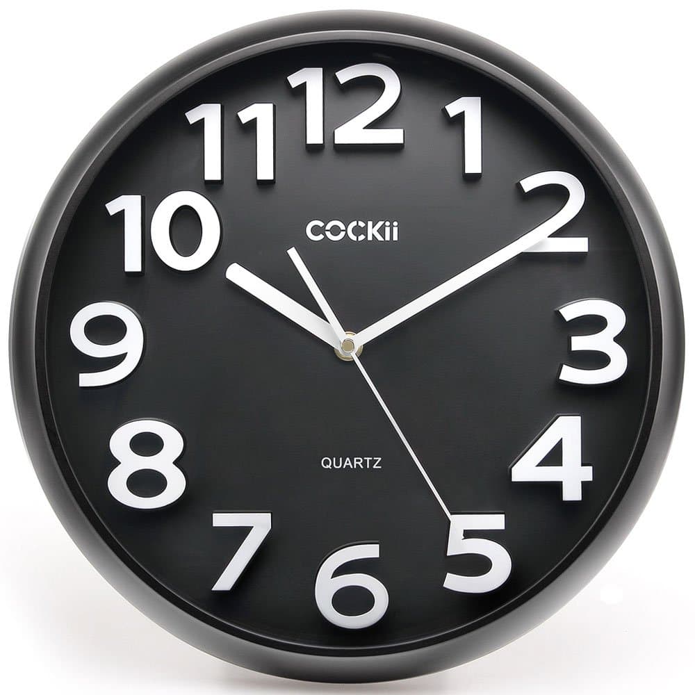 Wall Clock 13 Inch with Large 3D Numbers, Silent Non-Ticking Quartz Decorative Round Clock, Battery Operated, Easy to Read for Home, Office, School (Black)