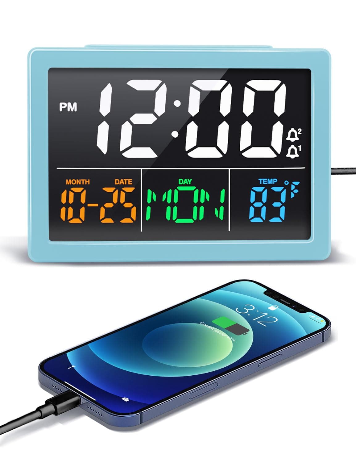Digital Alarm Clock, with 5.5" Large LED Time Display, Adjustable Alarm Volume, 6 Level Brightness, Alarm Settings, USB Charger, Temperature Detect, Snooze, Clocks for Bedroom, Bedside, Desk, Blue