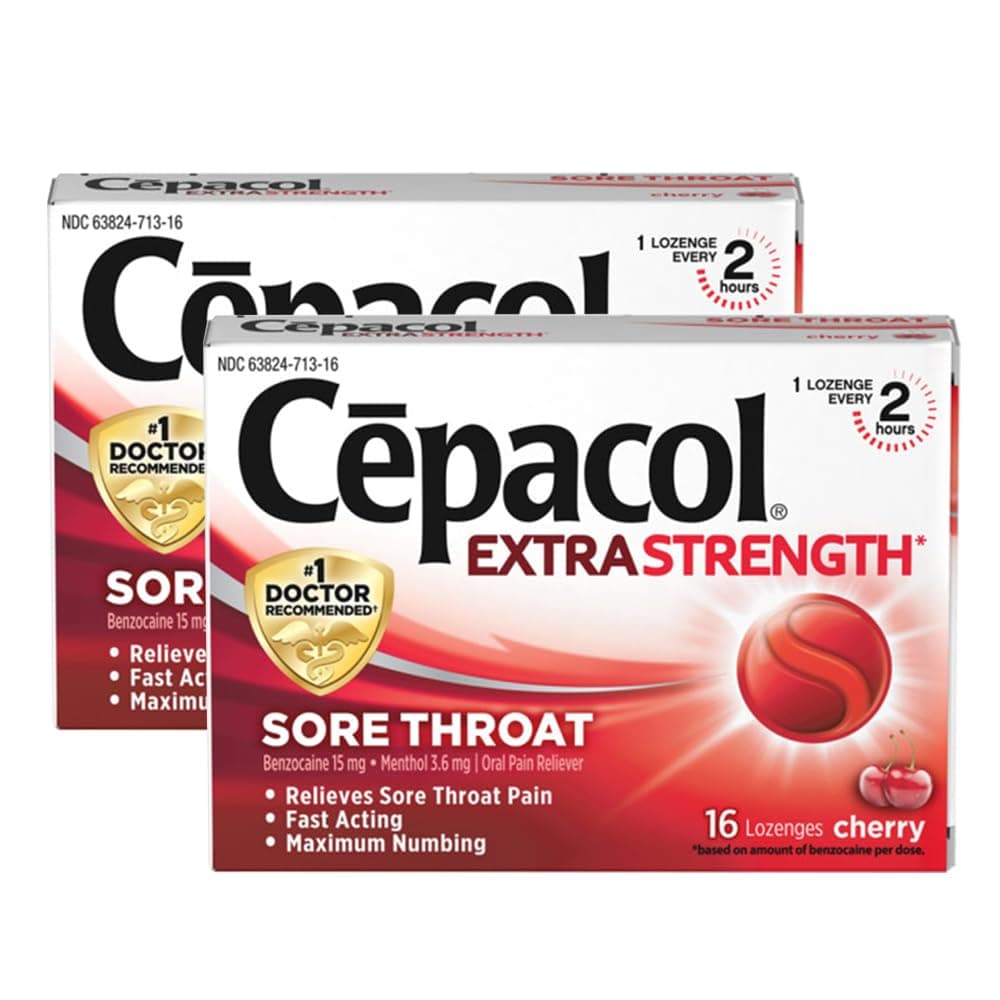 Cepacol Extra Strength Sore Throat & Cough Relief Lozenges, 16 Count, Cherry Flavor, Maximum Numbing, Fast Acting Relieves Sore Throat Pain, and Quiets Cough (Pack of 2)