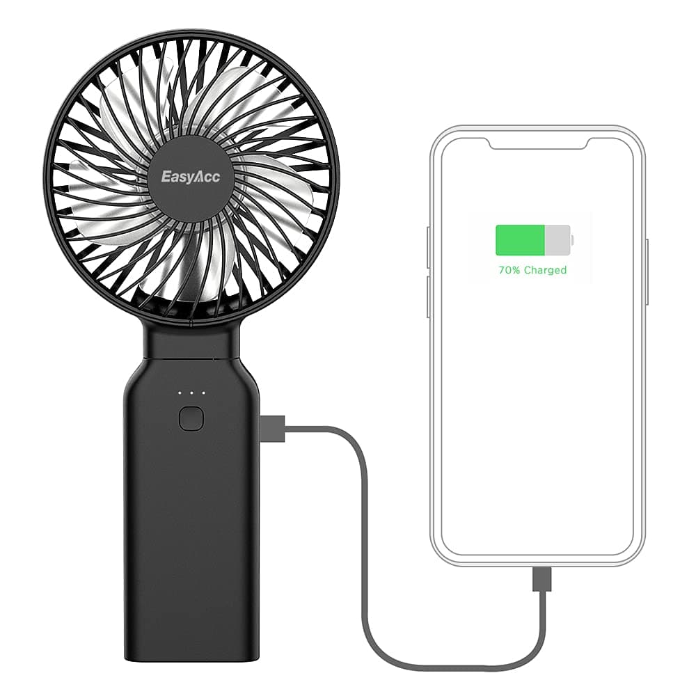 EasyAcc Portable Fan, 9,000 mAh, Mobile Battery Function, Handheld Fan, Large Capacity, Up to 53 Hours of Operation, PSE Certified, 4 Levels of Air Flow Adjustment, Handy Fan, USB Rechargeable Fan,