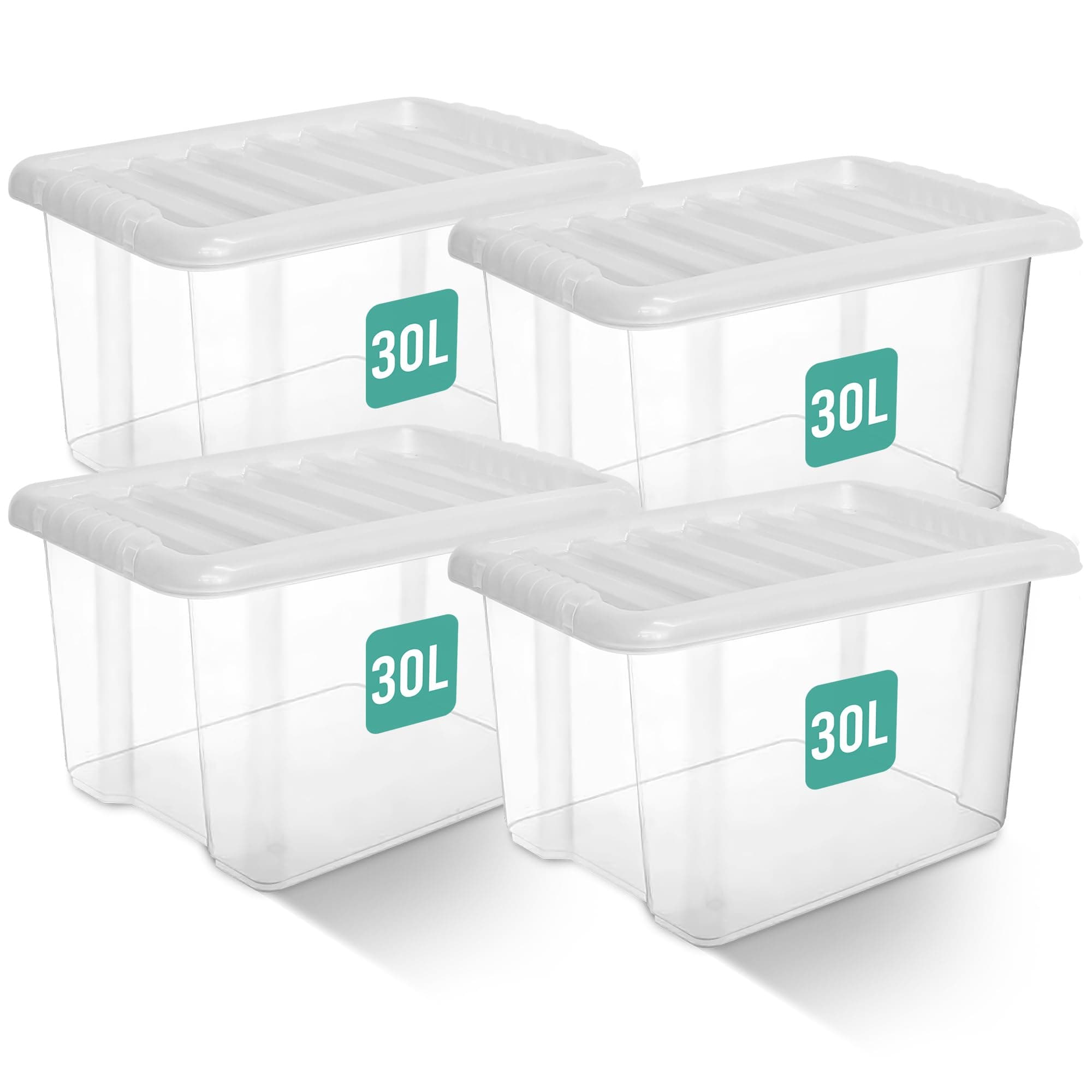 Klass Home Collection 4 x 30 Litre Clear Plastic Storage Boxes With Lids Set of 4, Strong Multipurpose Stackable Plastic Storage Box With Lid 30L Clear Containers For Home, Kitchen, Garage, Office