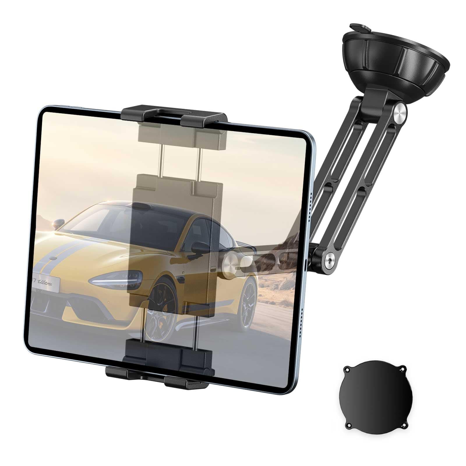 PLDHPRO Tablet Holder for Car Dashboard Windshield, Suction Cup iPad Mount for Truck Semi and All 5.1-15.6'' iPad Pro Air Mini Galaxy Tab, Road Trip Essentials Stand - Aluminum Folding Arm: 8 inch