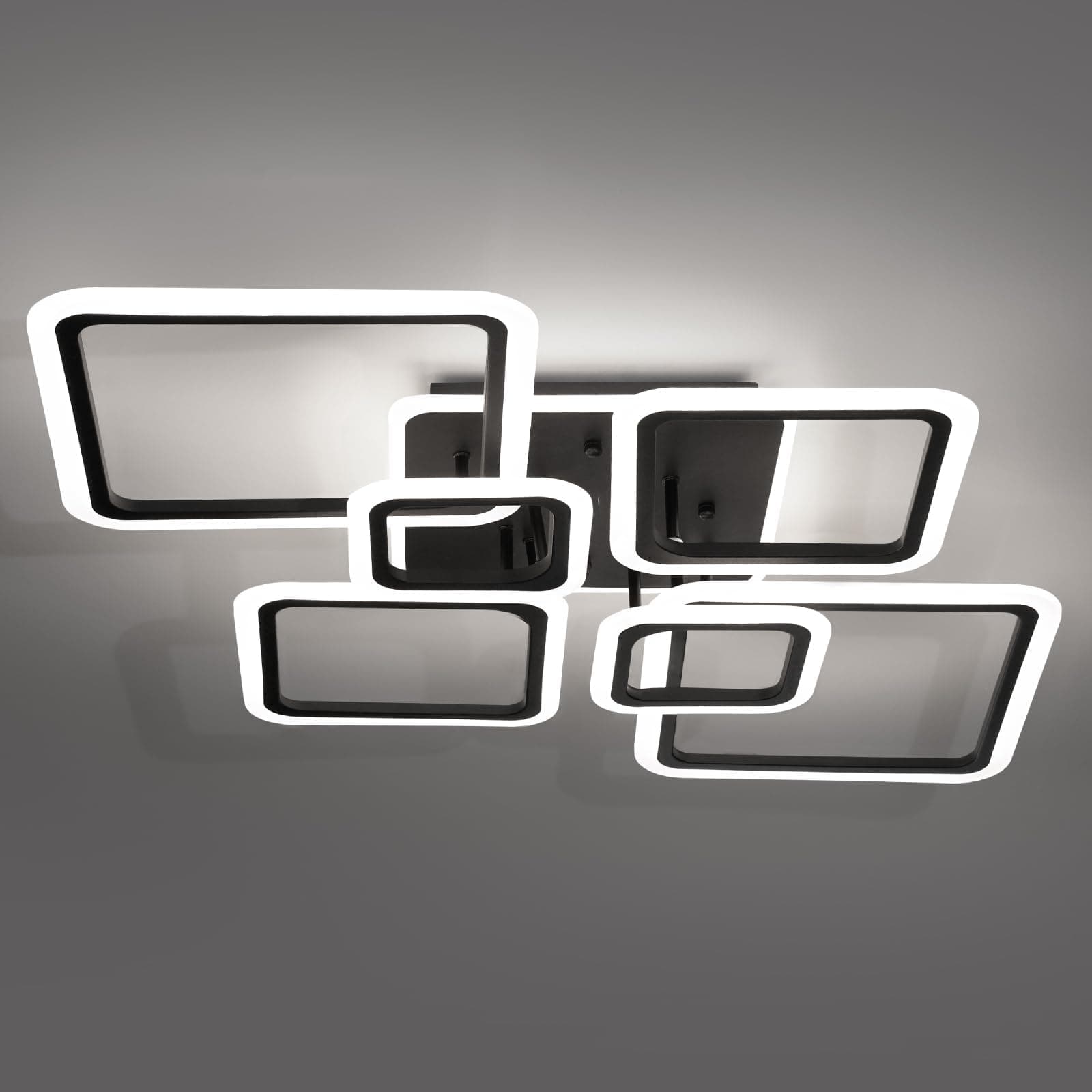 Modern Ceiling Light, 36.2'' LED Dimmable Acrylic Square 6+1 Rings Ceiling Lights with Remote, Black Flush Mount Ceiling Light Fixture for Low Ceiling Bedroom Living Room Dining Room, 130W