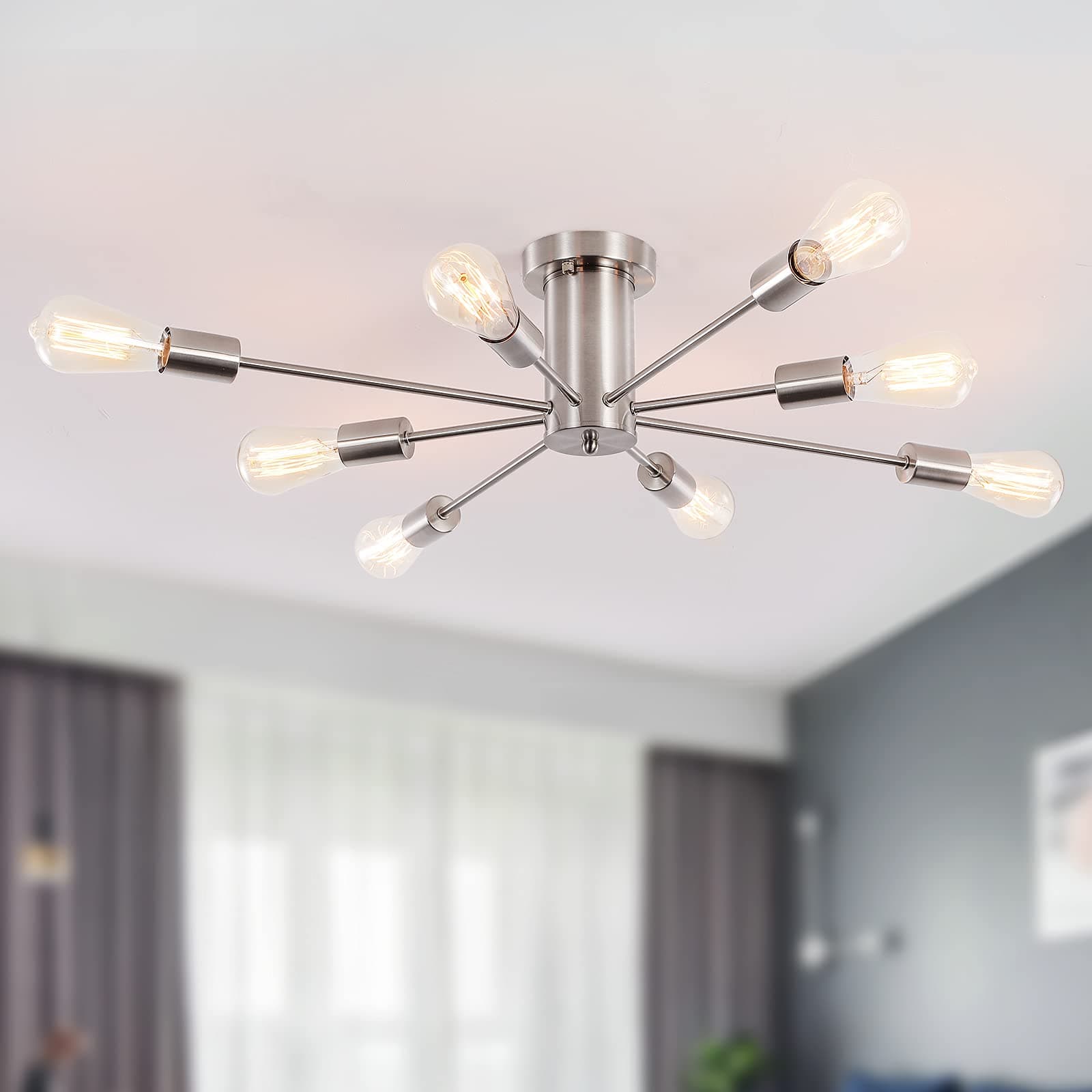 Modern Sputnik Chandelier, 8-Light Ceiling Light Fixture, Bedroom Light Fixture, Sputnik Lights Fixture for Living Room, Dining Room, Kitchen, Office, Hallway, Foyer (Brushed Nickel Silver) - E26 Base