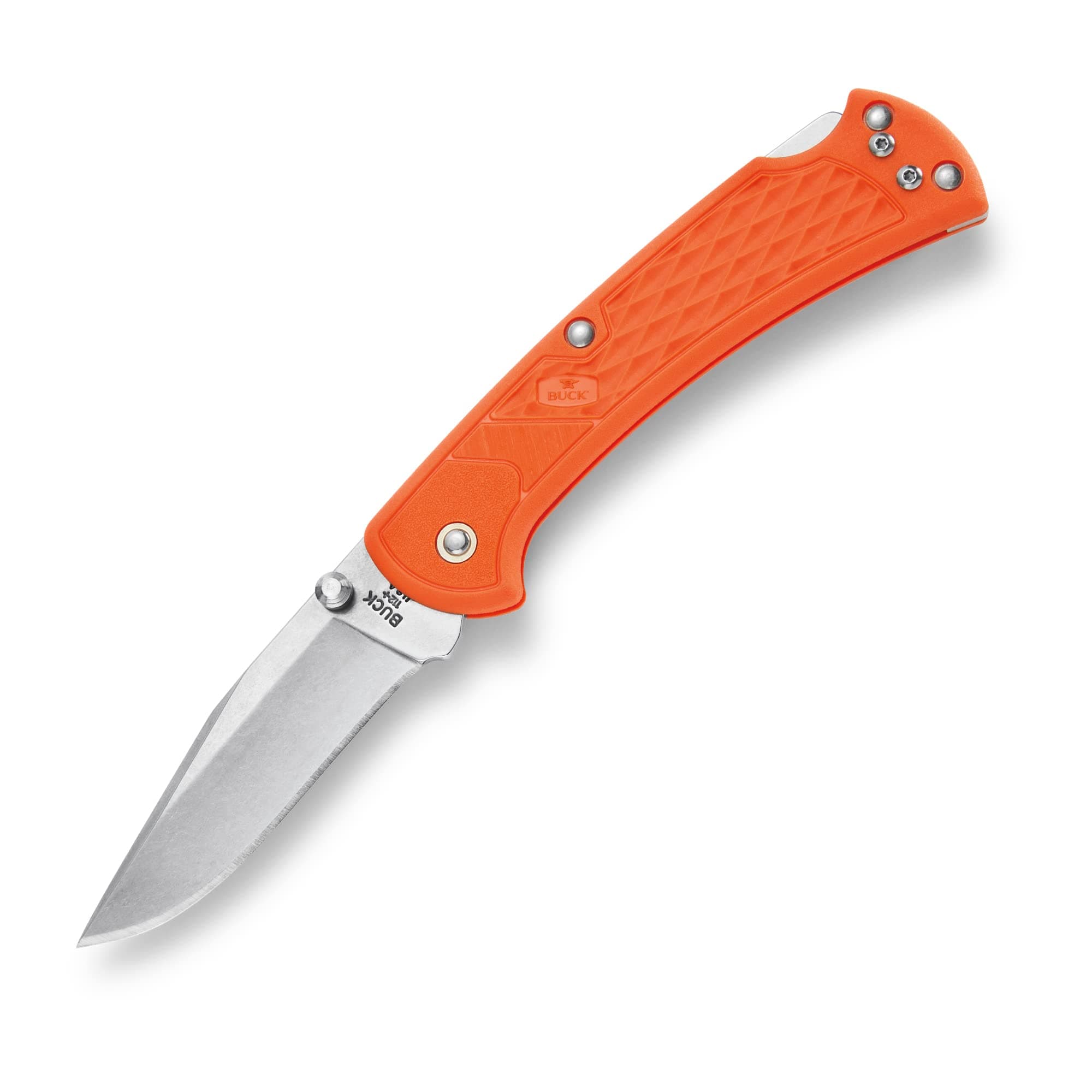 Buck Knives 112 Slim Select Folding EDC Knife, 3” Pocket Knife Blade, Nylon Handle, 420HC Stainless Steel Modified Clip Point Folding Blade, Made in the USA, Blaze Orange, 2.5 oz