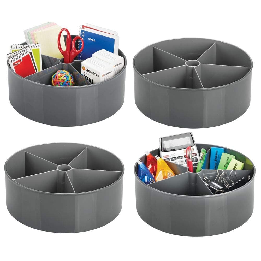 mDesign Deep Plastic Lazy Susan Turntable Storage Container - Divided Spinning Organizer for Home Office Supplies, Pens, Erasers, Tape, Colored Pencils - 4 Pack - Charcoal Gray