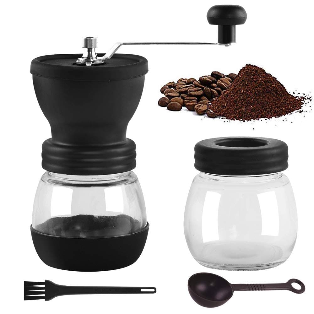 Premium Manual Coffee Grinder,Portable Coffee Bean Mill with Adjustable Ceramic Burrs,Cleaning Brush,Glass Storage Jars,Silicone Non-Slip Mat,Silicone Dust-Proof Cover for Beans,Easy to Clean (Black)