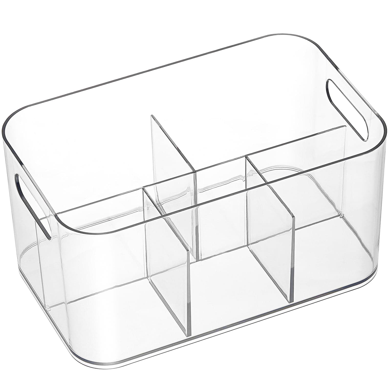2 Pack, 5-Compartment Clear Plastic Bin - Divided Art Supplies, Cosmetic Makeup Caddy Organizer - Multiuse Storage Container for Vanity, Bathroom, Kitchen, Office, Craft, Shower, Cleaning Items