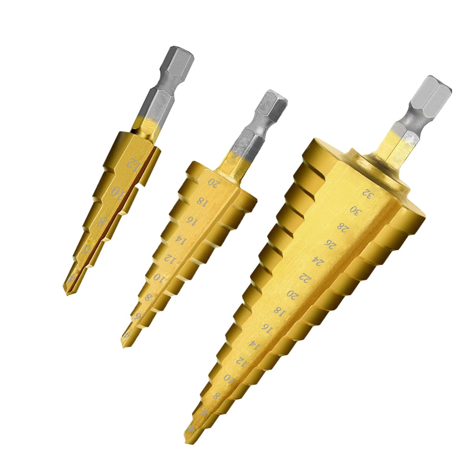 3PCS HSS Step Bits Set High Speed Steel Step Drill Bits Set-(4-12mm,4-20mm and 4-32 mm) Cone Drill Bits Hole Cutter for Wood Stainless Steel Sheet Metal