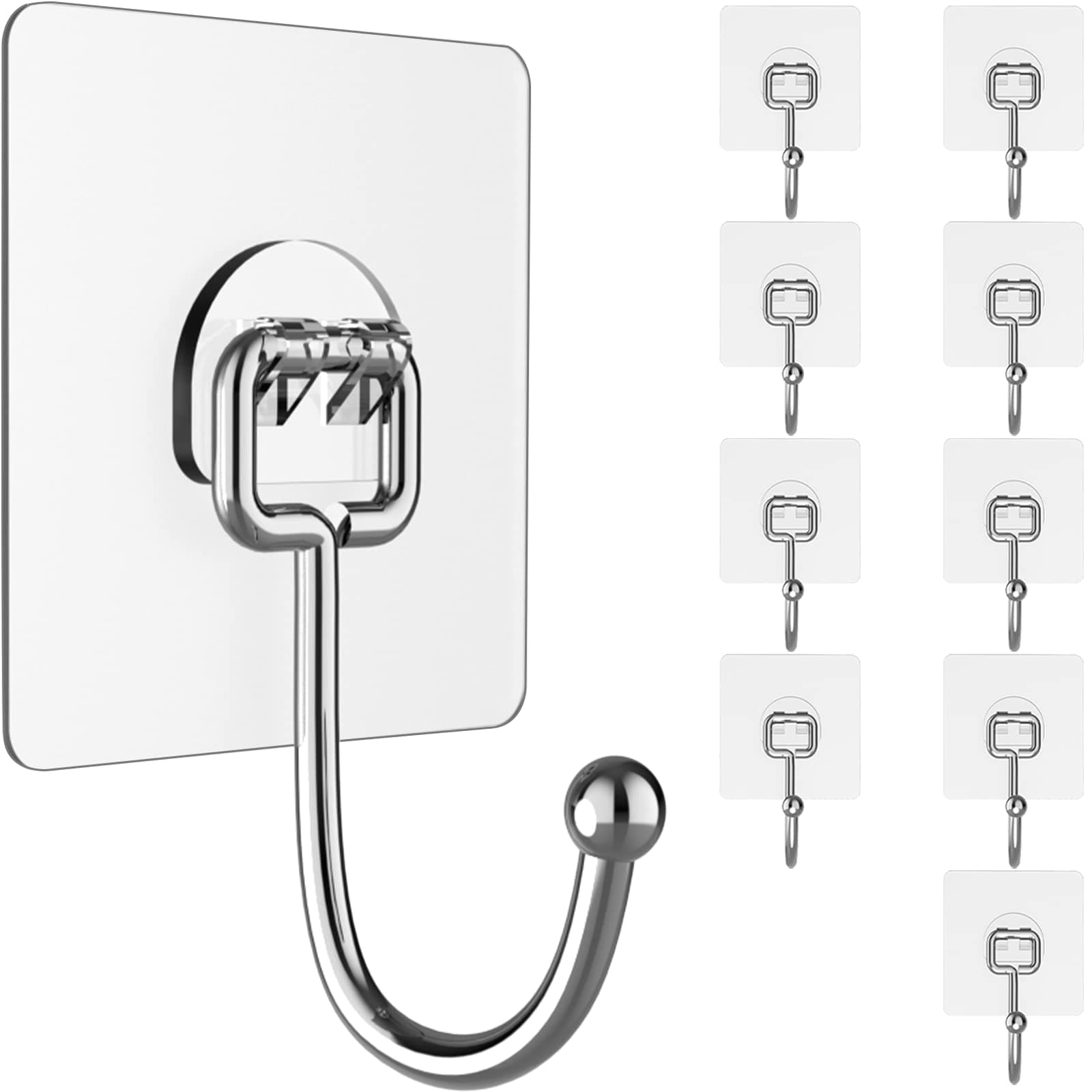 Large Hooks for Hanging Heavy-Duty 44lb(Max) 10 Packs, Wall Hangers without Nails Self-Adhesive Traceless Clear and Removable, Waterproof and Rustproof Multiple Uses for Bathroom Kitchen Home