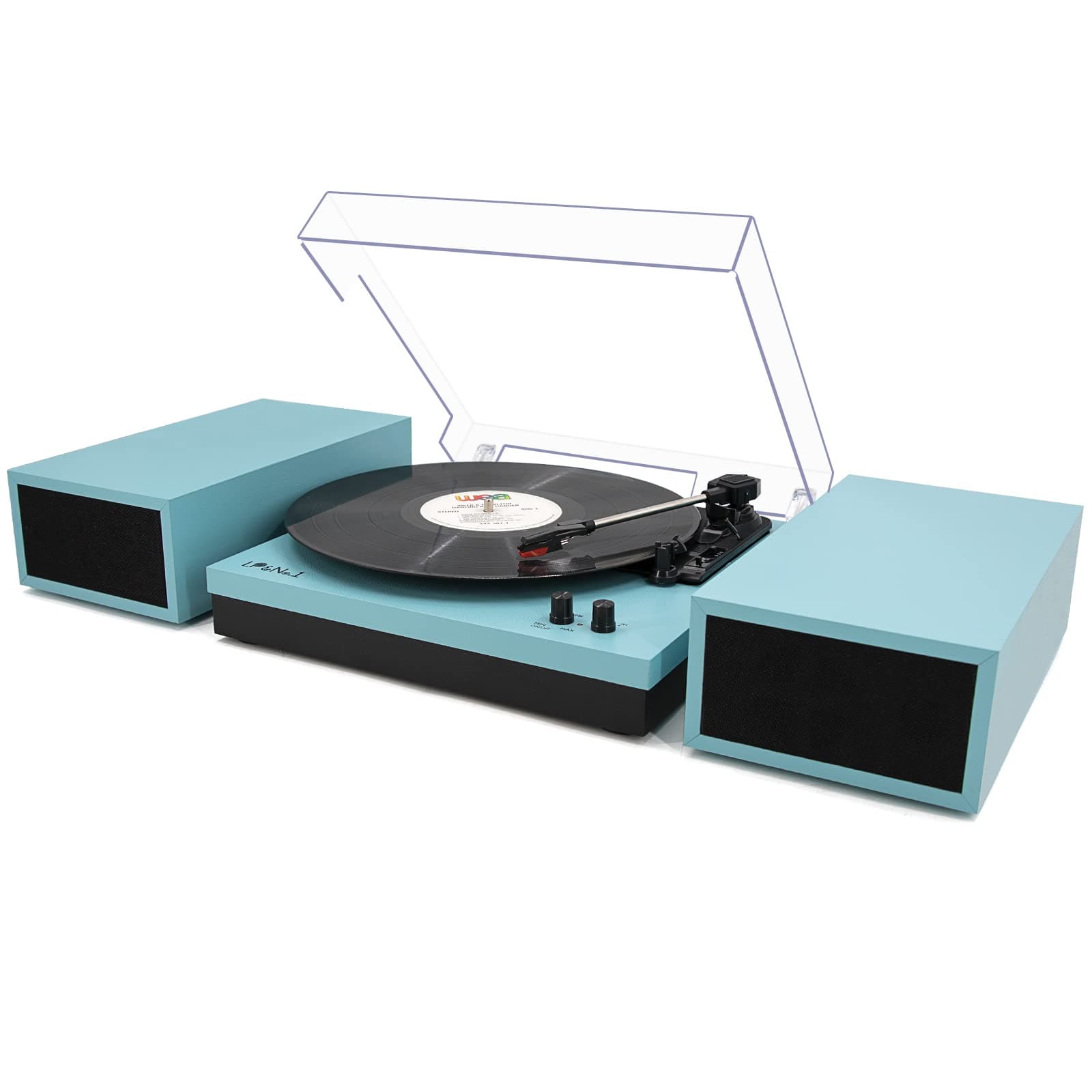 LP&No.1 Bluetooth Vinyl Record Player with External Speakers, 3-Speed Belt-Drive Turntable for Vinyl Albums with Auto Off and Bluetooth Input,Blue Leather