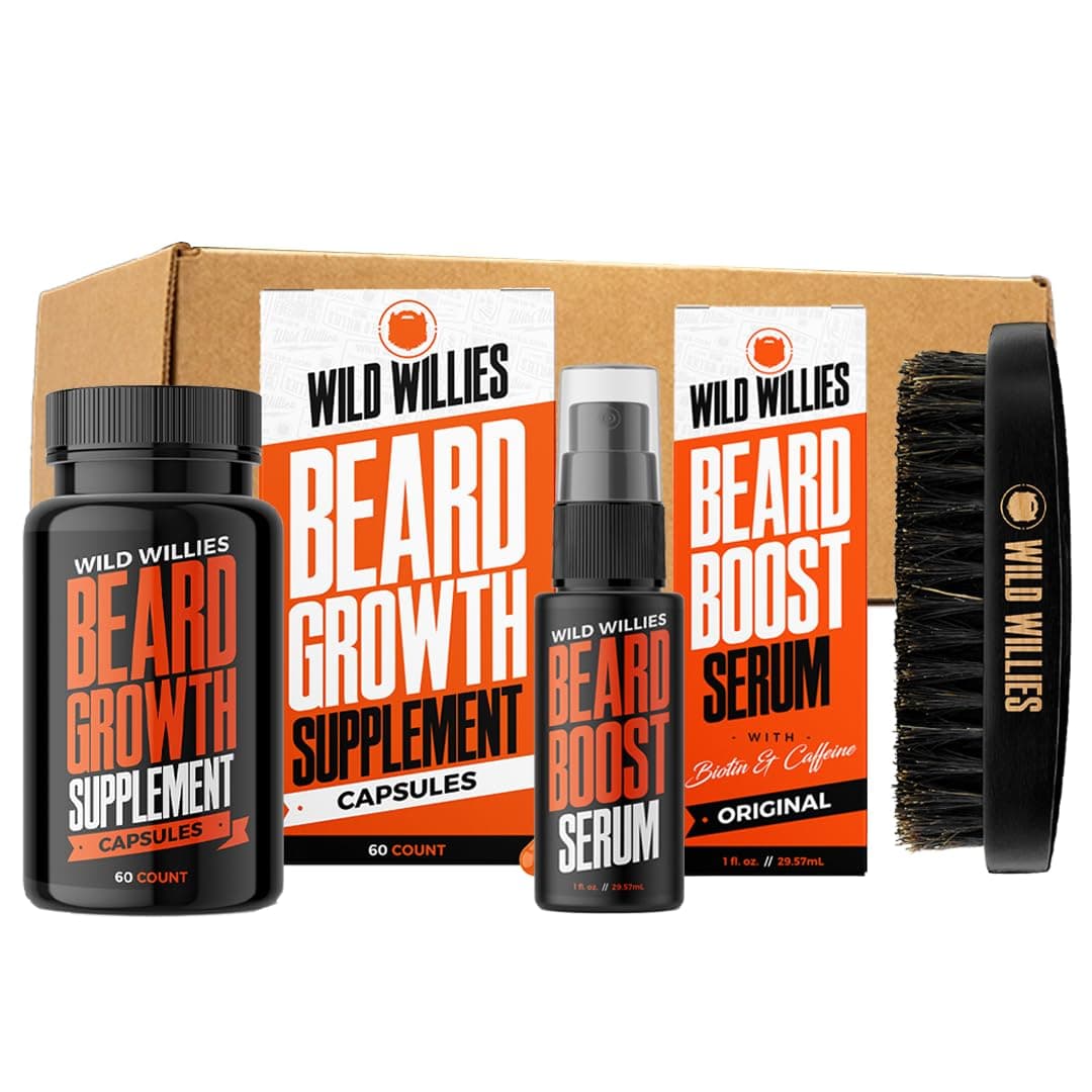 Wild Willies All-in-One Beard Growth Kit - Includes Beard Boost Serum Oil & Growth Supplement, Boar Bristle Brush - Perfect Grooming Kit for Men - Achieve Thicker, Fuller, Healthier Beard