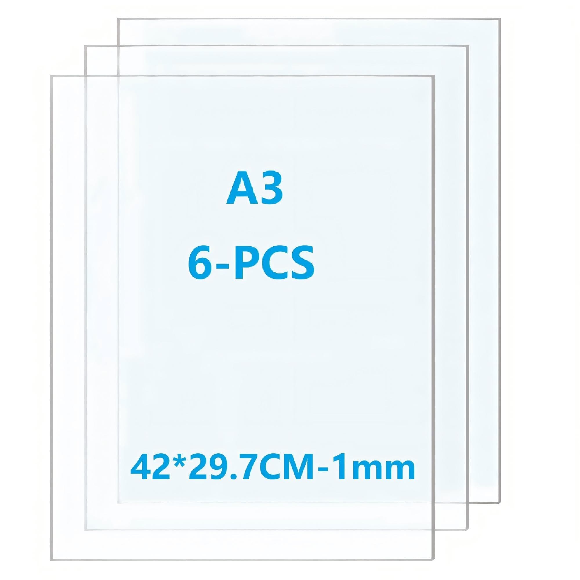Taiyeestar 6 Pack 42 x 29.7cm Plastic Sheet, A3 Clear Acrylic Perspex Sheets for Househld Decoration, Display, Picture Frame, Painting - 1mm Thick