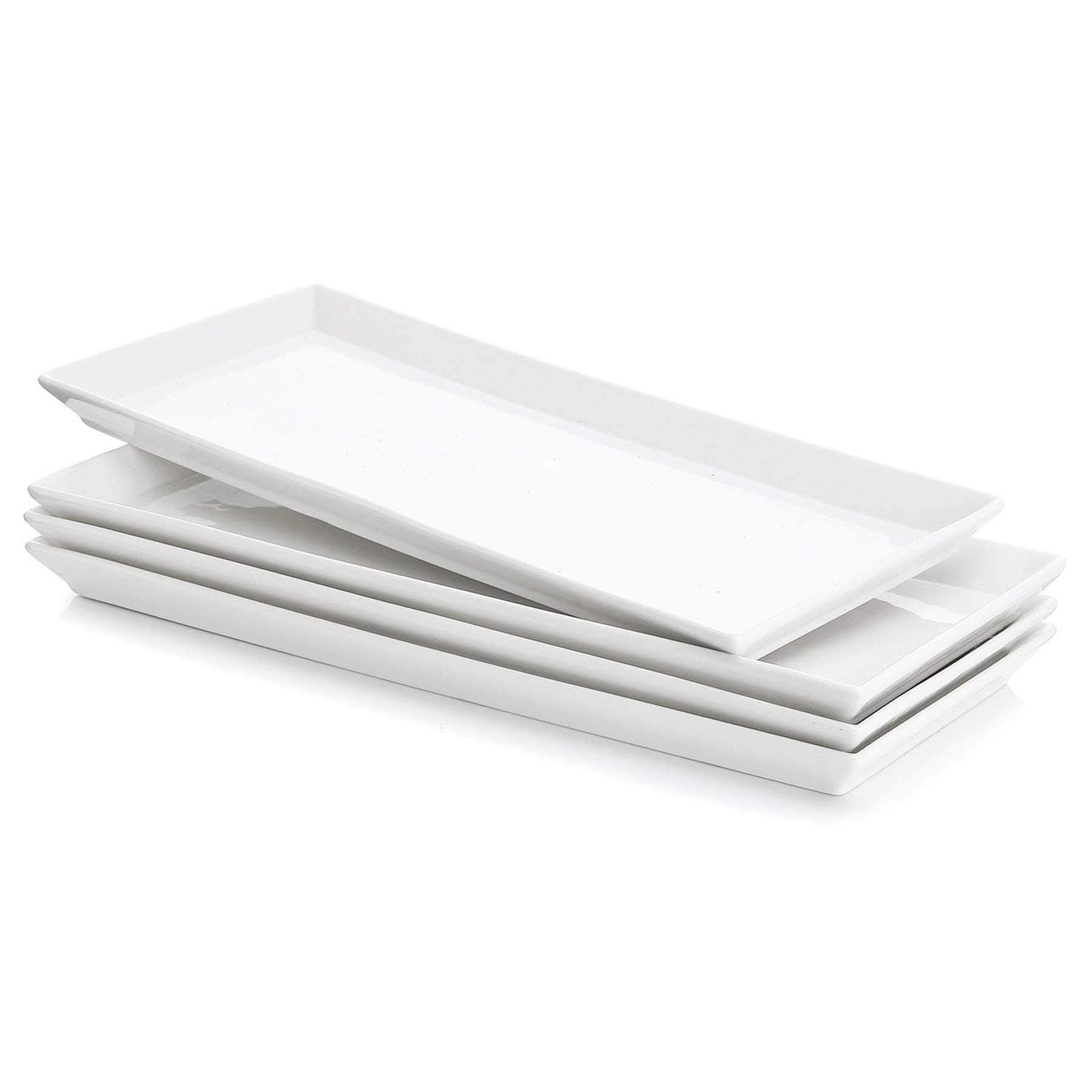 Sweese Rectangular Porcelain Platters, Serving Trays for Parties, 13.8 Inch Large Serving Dishes for Steak, Taco, Sushi, Appetizer, Cake - Dishwasher & Oven Safe - Set of 4, White