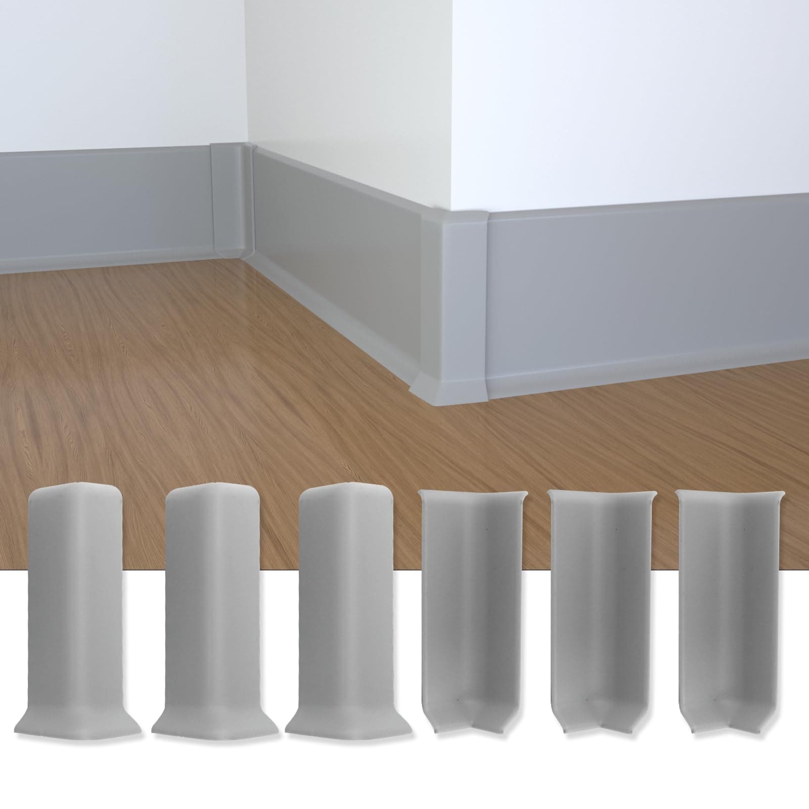 COUKIUSelf Adhesive Baseboard Corner Blocks, 6inch(Width)3 Inside + 3 Outside Corners-Connector Between The Wall Base Cove Base Rubber Moulding Trim, Perfect Match for Our S152 Baseboard(Gray)