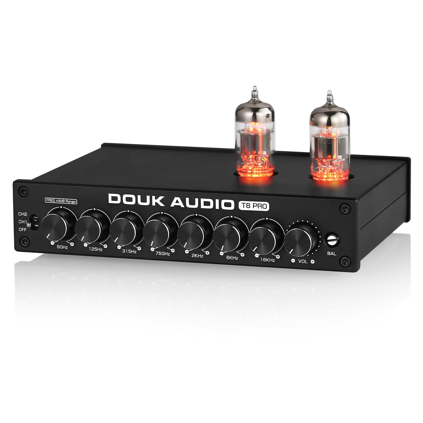Douk Audio Balanced EQ Preamp: 7 Band Equalizer - XLR Vacuum Tube Preamp with RCA Input & Output - For Home Stereo HiFi Systems, Amplifiers, Active Speaker (T8 PRO Black)